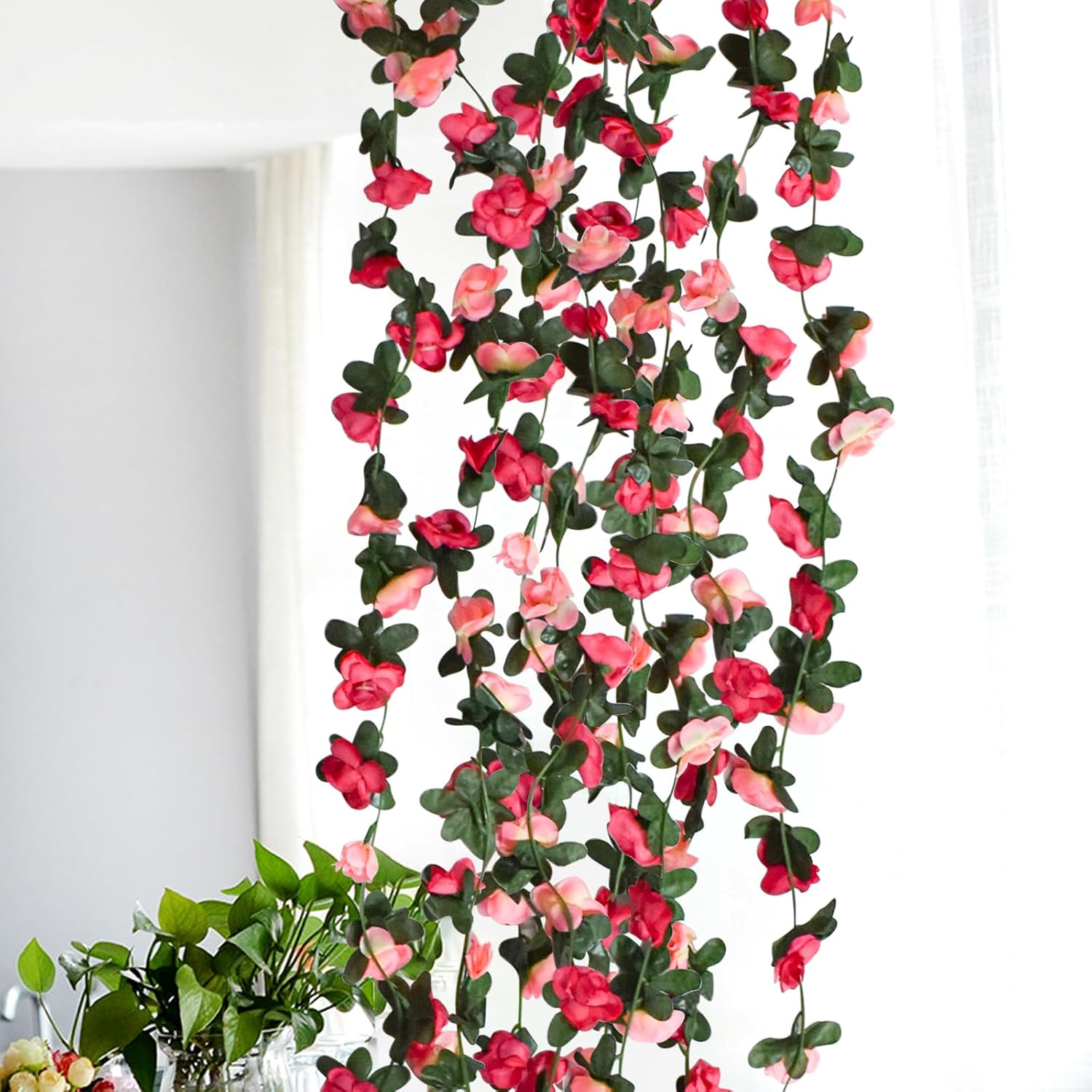 Bacucine Flower Garland 8PCS 63Ft Artificial Rose Vine Hanging Flower Vines with Green Leaves Floral Garland for Wedding Wall Arch Party Decor (Pink) - Pink image number 6