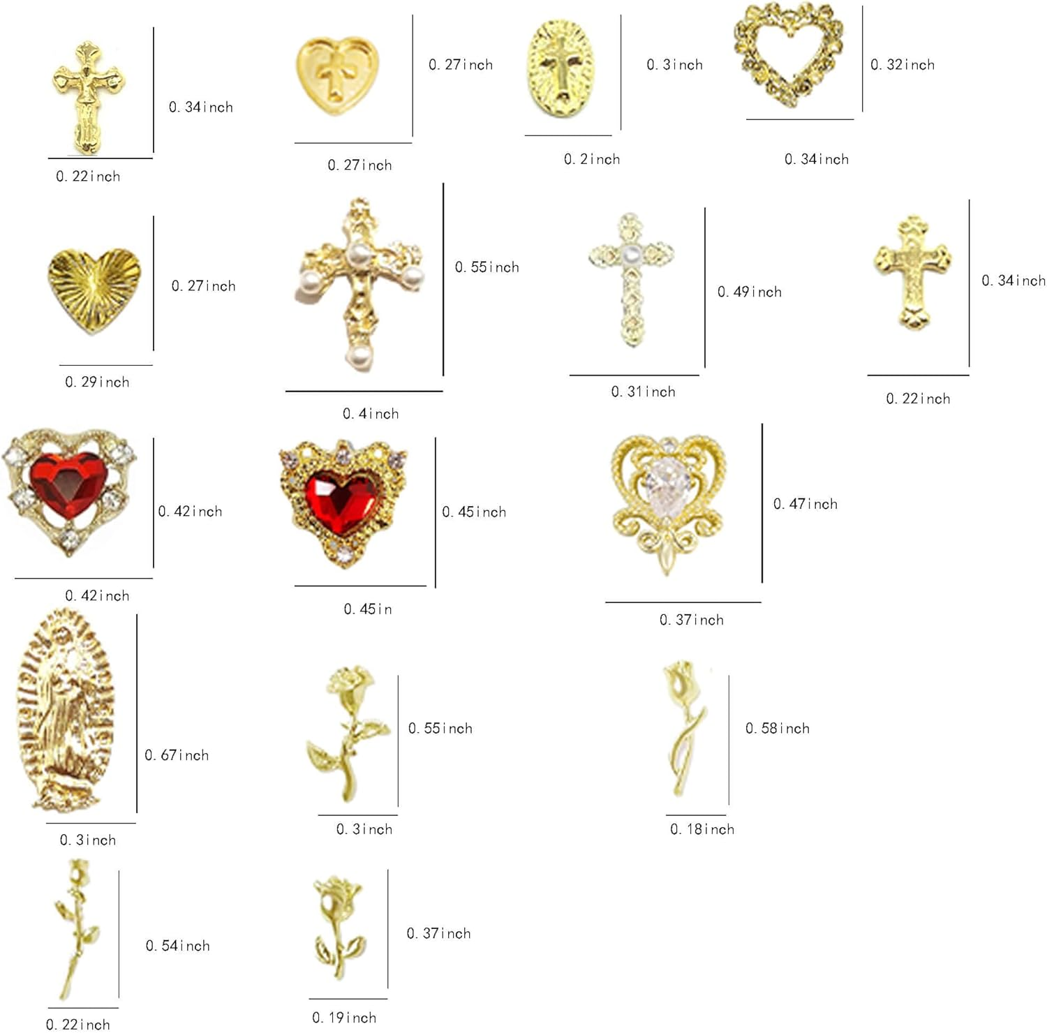 64Pcs Gold Nail Charms Set with Gold Cross, Hearts, Rose, and Virgin Mary - Y2K 3D Chrome Nail Decorations image number 1