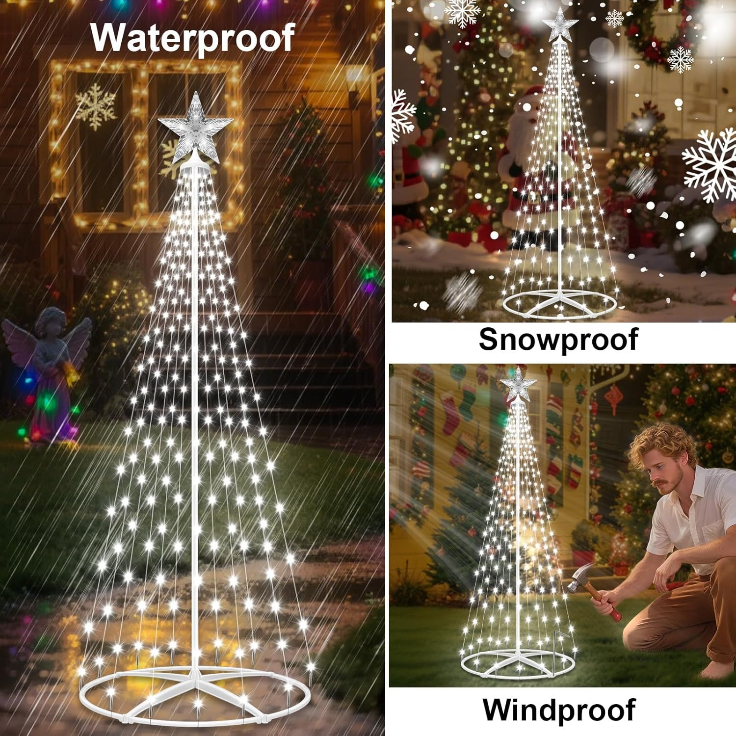 Outdoor Solar Christmas Cone Tree Lights,1.5M 202 LED Christmas Tree Lightshow with 8 Modes Timer Remote, Lighted Artificial Tree USB Charge for Xmas Yard Porch Patio Party Holiday Decor, Cold White image number 2