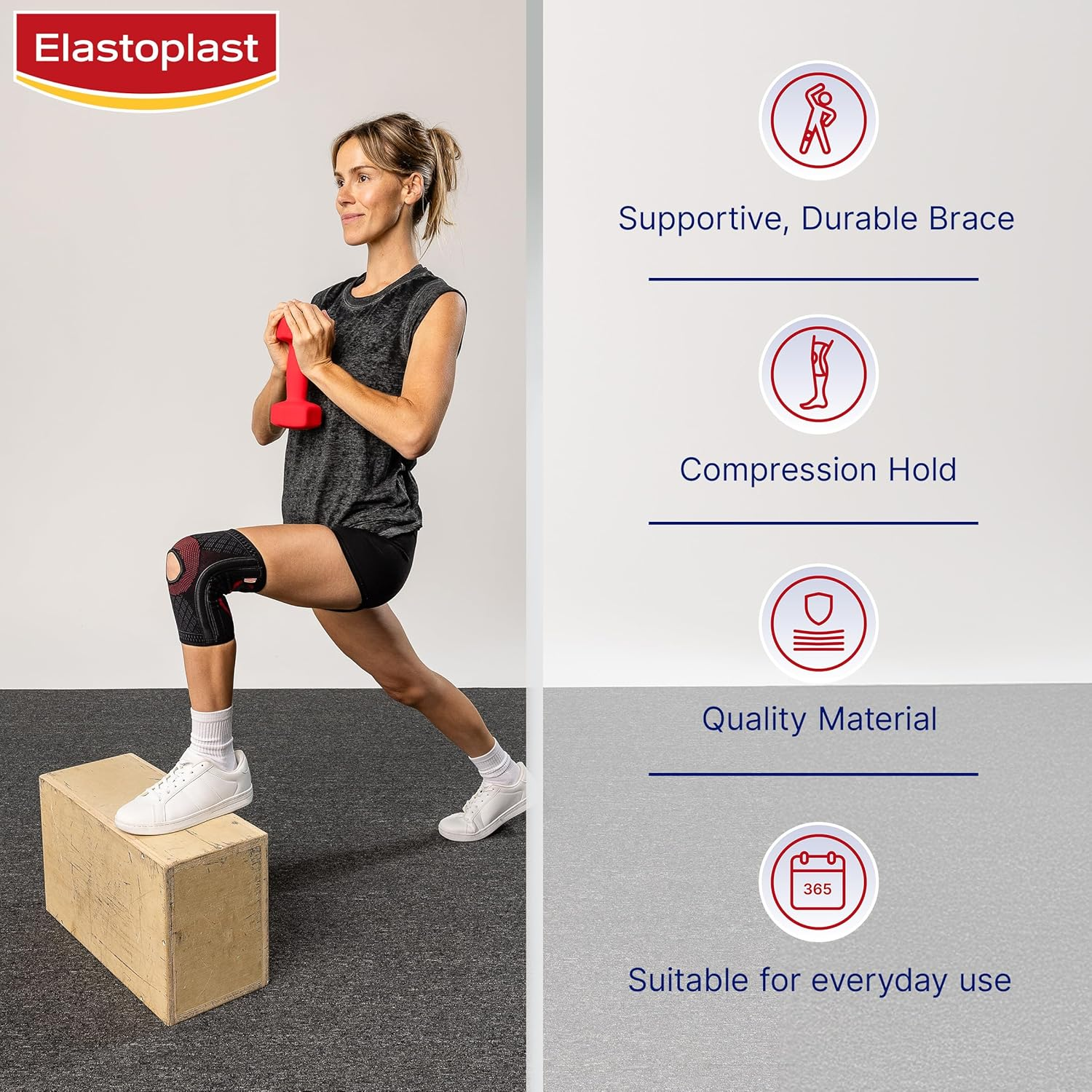 Elastoplast Sport Functional Knee Stabiliser Brace with Open Patella - Size Large (1 Pack) | Compression Knee Guard | Supports Weak & Injured Knees | Adjustable Design | Breathable Material image number 4