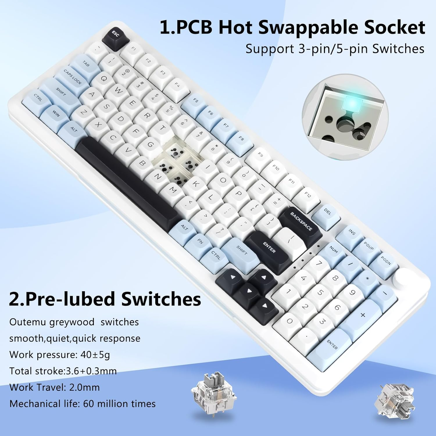 Z-98 Wireless Mechanical Keyboard, Creamy Sound, Hot Swappable Pre-Lubed Linear Switches, Gasket Structure with Sound Dampening Foam, RGB Backlit, 99 Keys Custom Gaming Keyboard for Pc/Mac,Blue image number 1