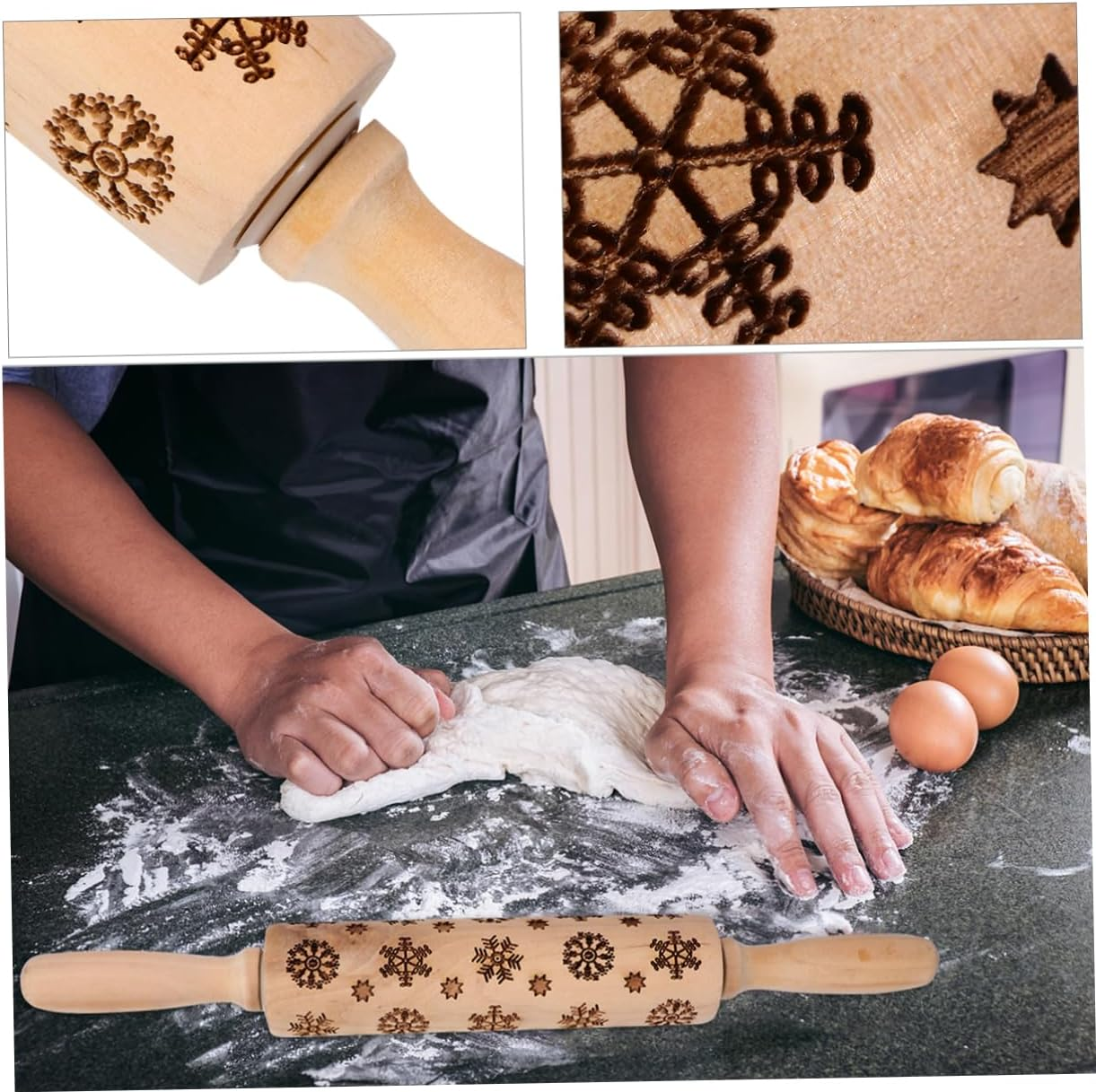 Snowflake Print Rolling Pin Wooden Christmas Embossing Roller Non-Slip Handle for Baking