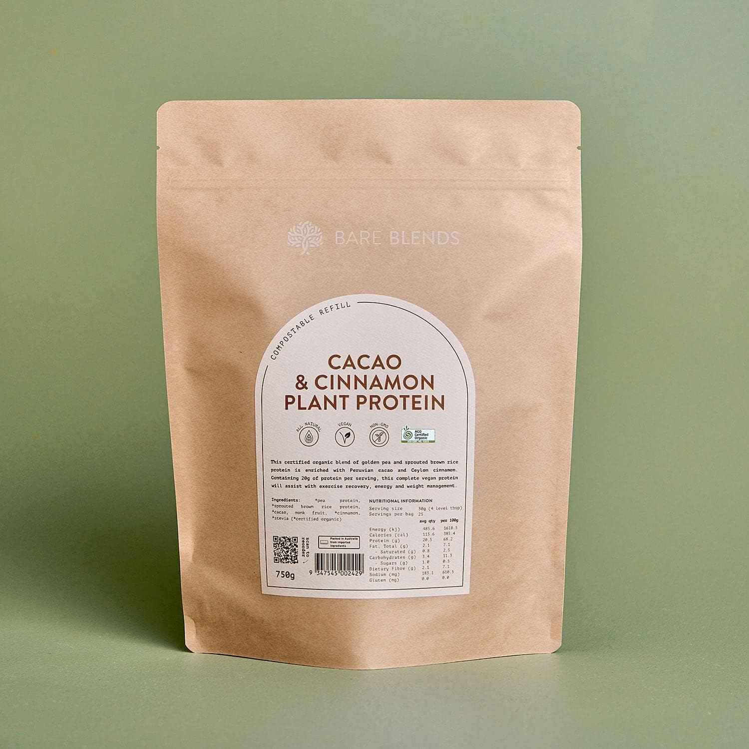 Bare Blends Cacao & Cinnamon Plant Protein | Vegan Protein Powder | Certified Organic | Gluten Free (750G)