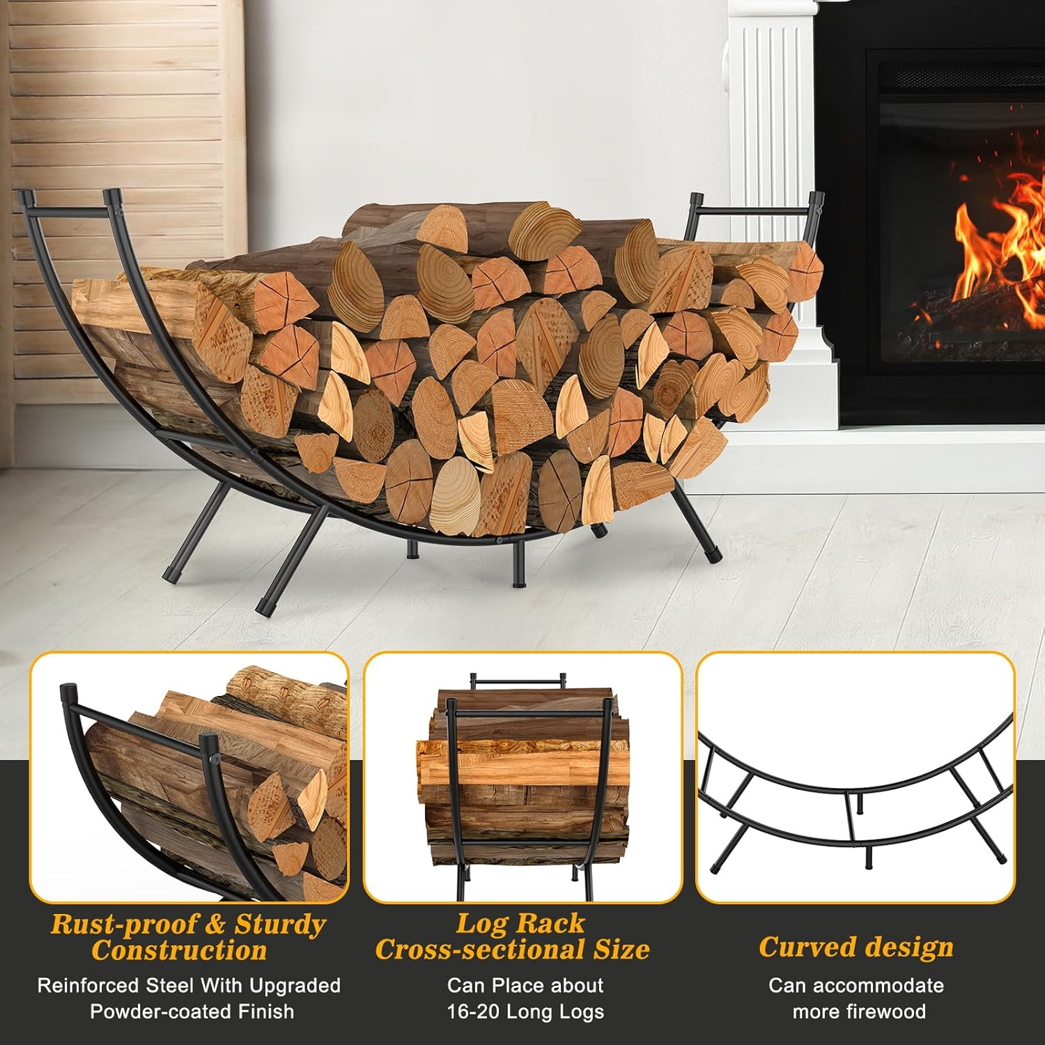 NANANARDOSO Curved Firewood Rack，48 Inches Powder-Coated Metal Fireplace Log Holder for Firewood Storage，Ideal for Indoor and Outdoor Fireplaces Wood Storage image number 6