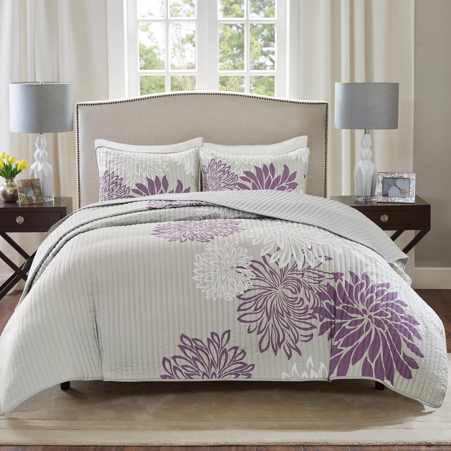 Comfort Spaces CS14-0066 Enya 3 Piece Quilt Coverlet Bedspread Ultra Soft Floral Printed Pattern Bedding Set, King, Purple-Grey image number 2