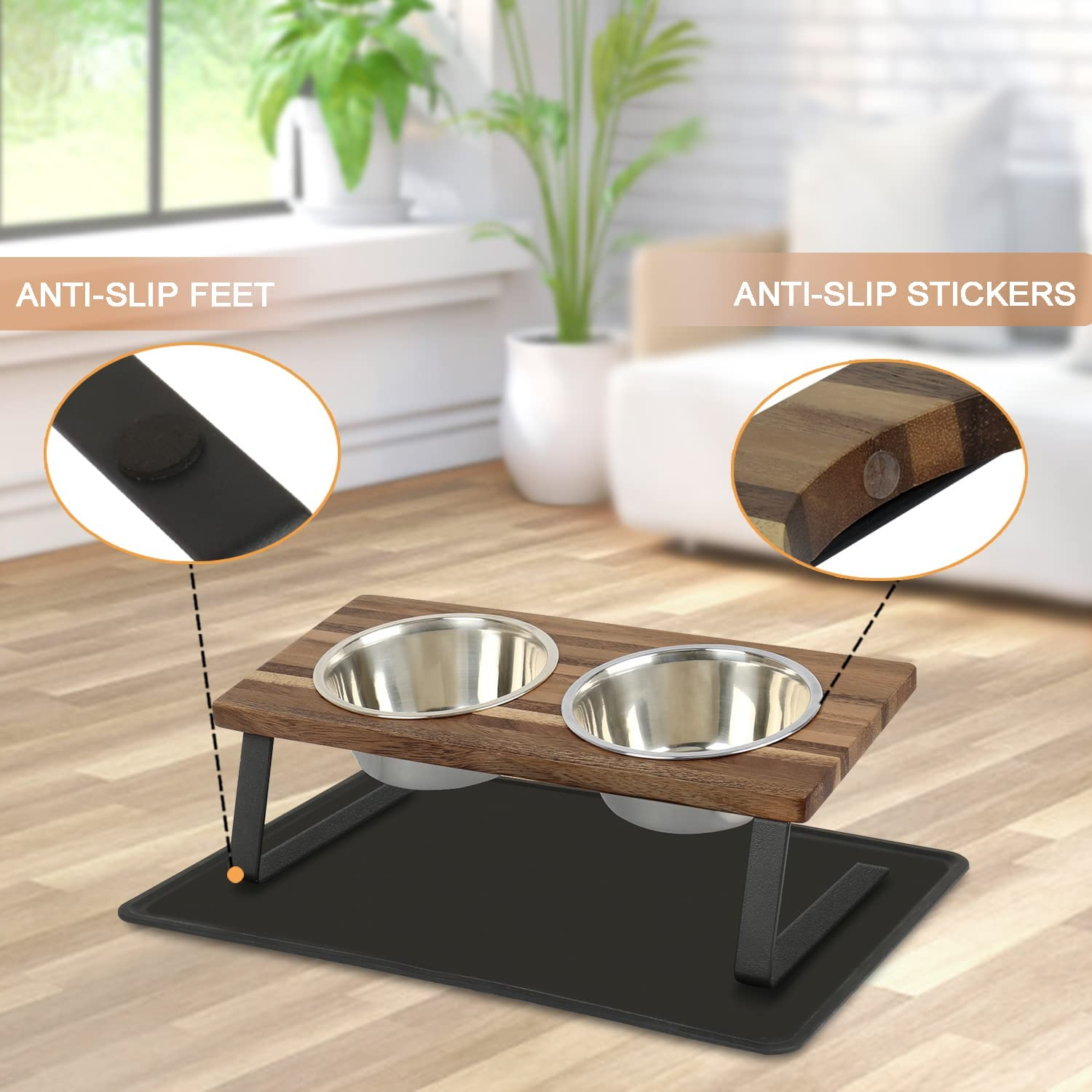 Aivituvin Elevated Dog Bowls, 15&deg;Tilted Raised Cat Food Bowl, Walnut Wood Water Stand Feeder Set for Cats and Puppy, Pet Bowls with anti Slip Mat(Small) image number 6