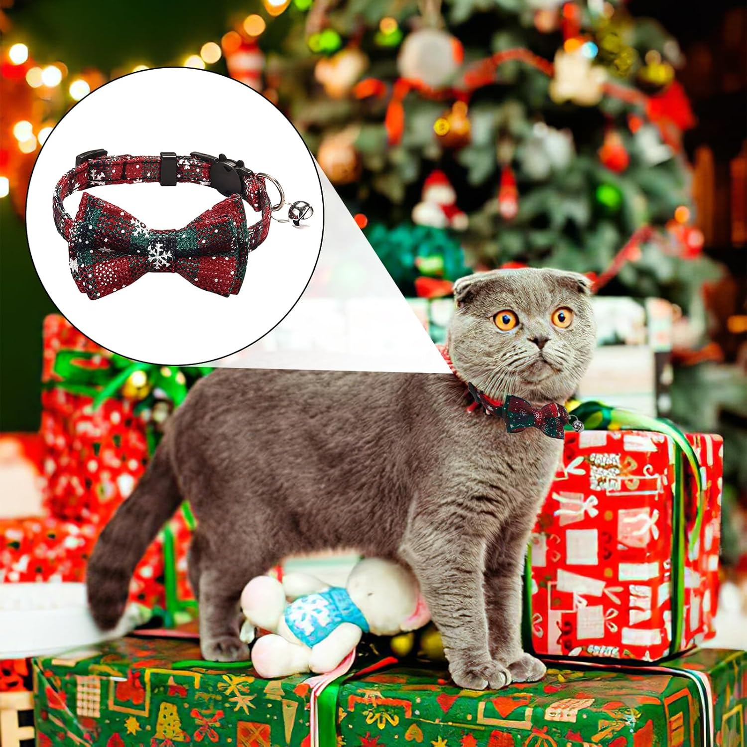 Christmas Dog Collar Cat Collar Adjustable Dog Collar with Dog Bow Tie and Bell Removable Collar Cat Christmas Decoration for Small Medium Kittens and Puppies Dogs