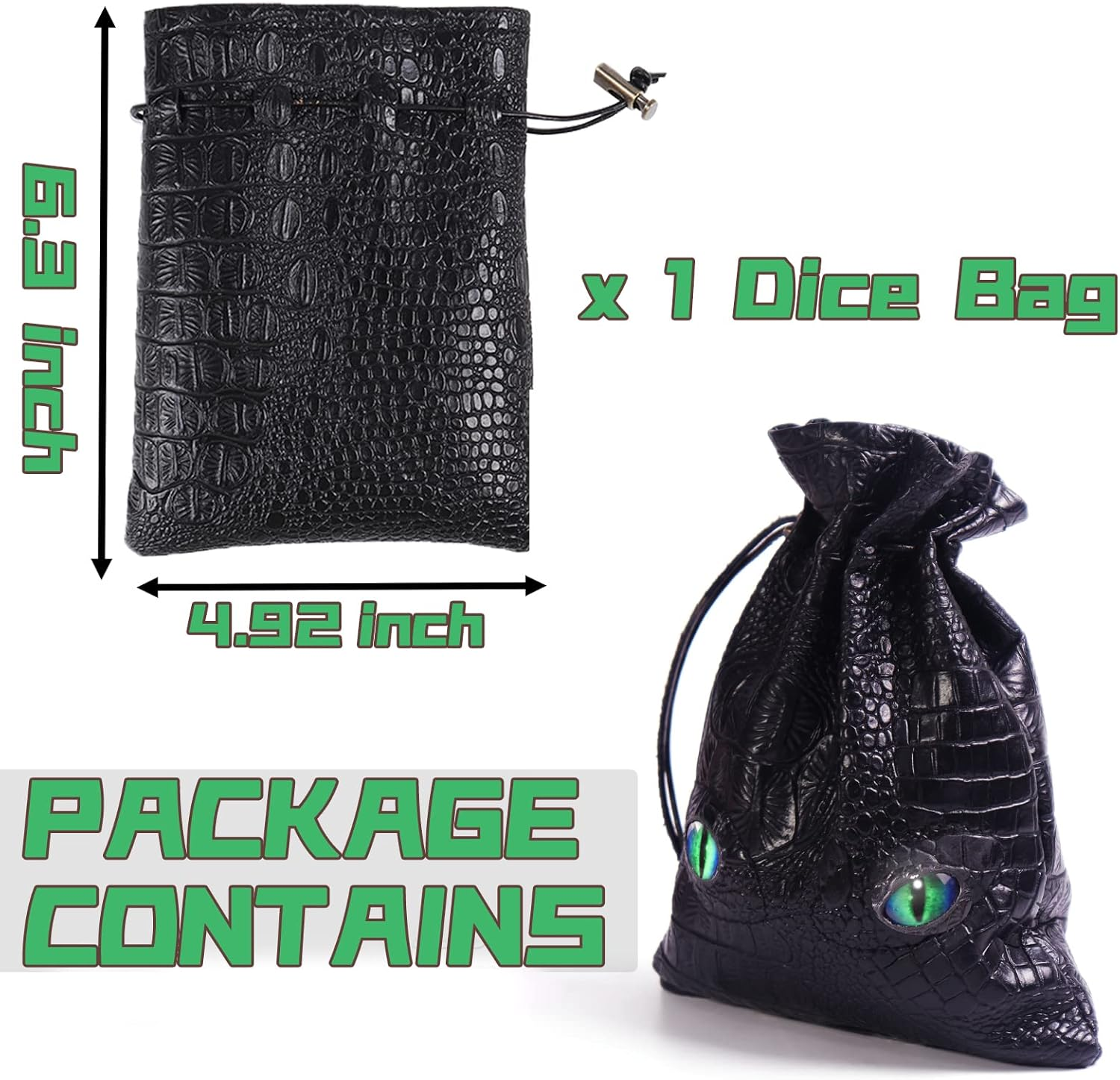 Large DND Dice Bag, Black DND Dice Bag Can Hold 6 DND Dice Sets, Fire Dragon Leather Coin Bag, Glows Green Light in Eyes, Suitable for DND Board Games, Fantasy RPG Game Accessories, Dice Not Included image number 6
