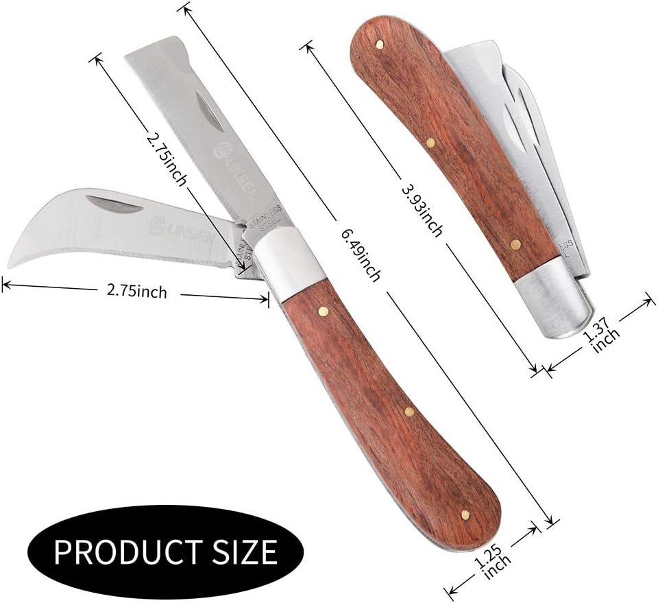Pruning Knife Double Blade Grafting Knife Stainless Steel Garden Budding Knife Linsen-Outdoors Folding Pocket Knife for Grafting Multi Cutting Tool Weed Bushes Branches Mushroom Diggig Knife