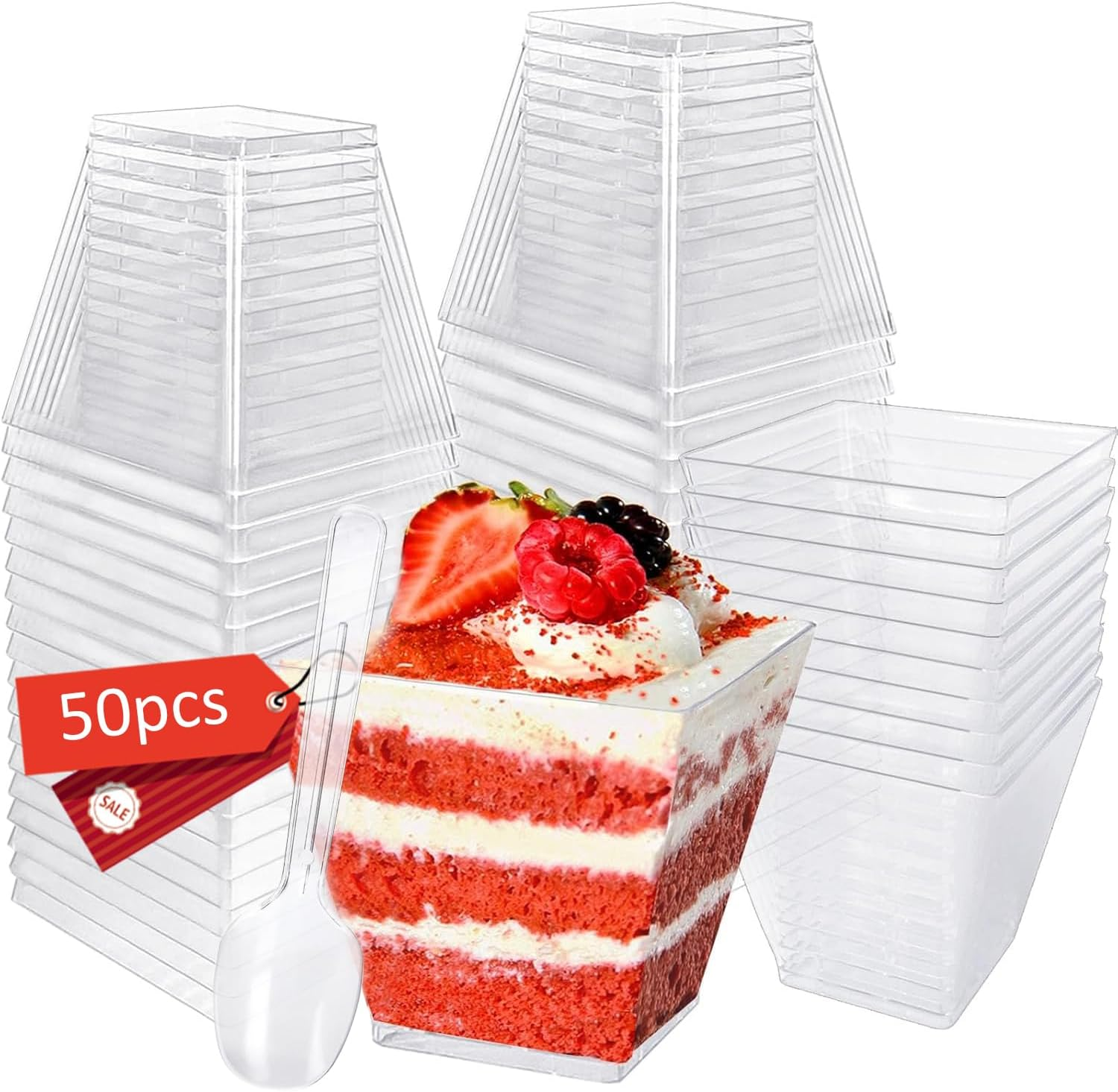 50 X 105Ml Dessert Cups with Spoons, Reusable Mini Clear Plastic Cups, Plastic Square Cup, Clear Dessert Shooter Cups BPA Free, for Appetizer, Puddings, Mousse, Yogurt and Ice Cream