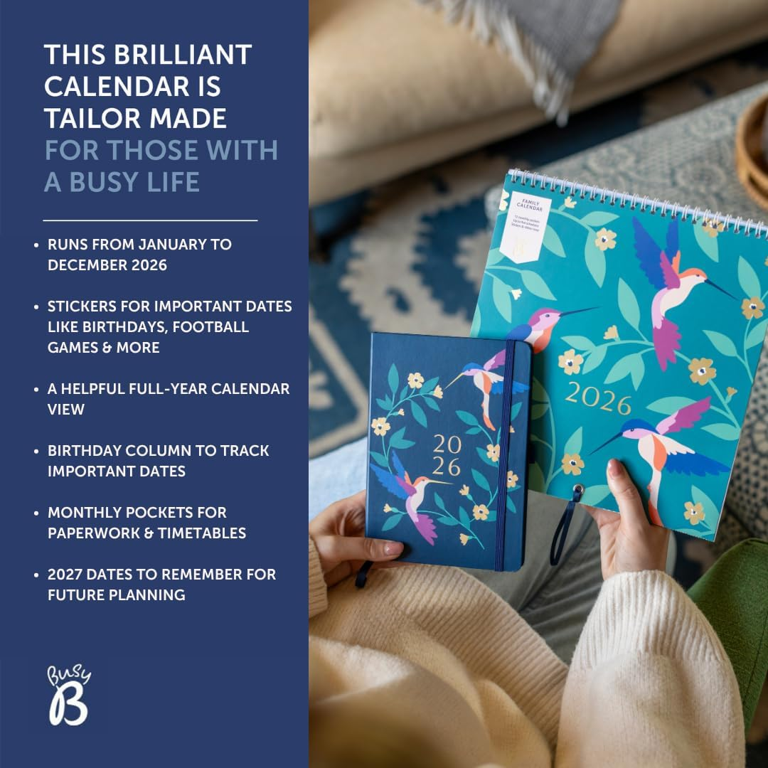 Busy B - Large Family Wall Calendar 2026 - Birds Design with 5 Columns & Storage Pockets - Monthly Calendar 2026 for Busy Families with Colour-Coded Stickers - 23.5 X 25.5 Cm image number 3