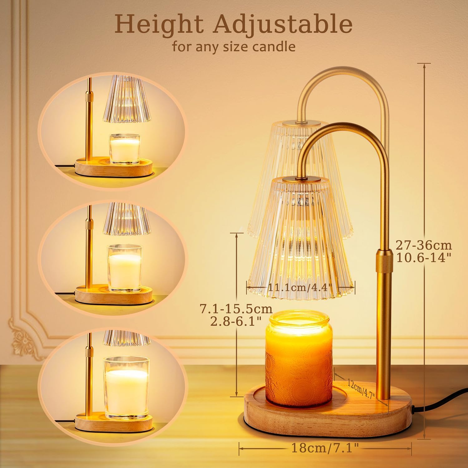 Candle Warmer Lamp with Timer: Electric Candles Wax Warmers Glass Lamps for Jar Candles Burner Adjustable Height and Dimmable Light Modern No Flame Scented Candle Warming Lantern (Amber) image number 4