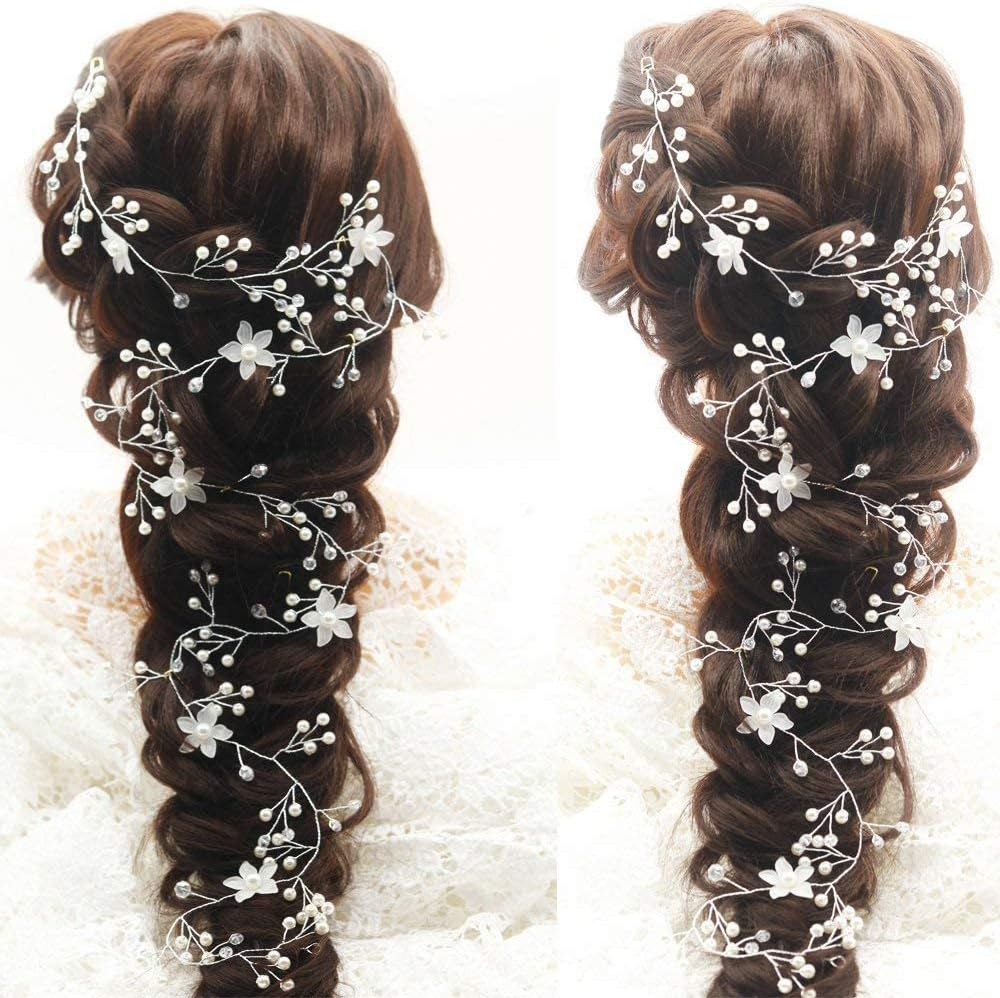 Teyglen Bride Wedding Flower Pearls Long Hair Vine Silver Rhinestone Crystal Beads Hair Vine Headband Handmade Bridal Headpieces Hair Pieces Wedding Hair Accessories Hair Jewelry for Women Girls image number 5