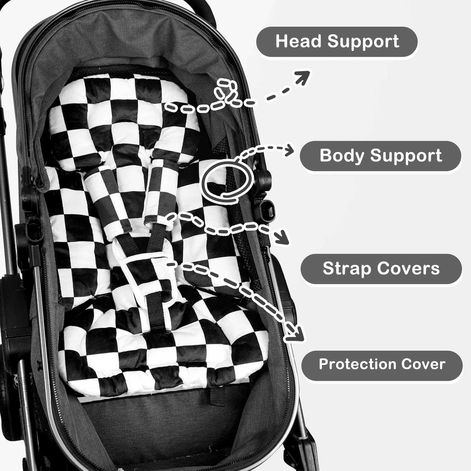DILIMI Infant Car Seat Insert, Baby Car Seat Head Support with 3 Strap Paddings, Soft Newborn Carseat Cushion Insert for Stroller, Swing, Bouncers, Black Checkered