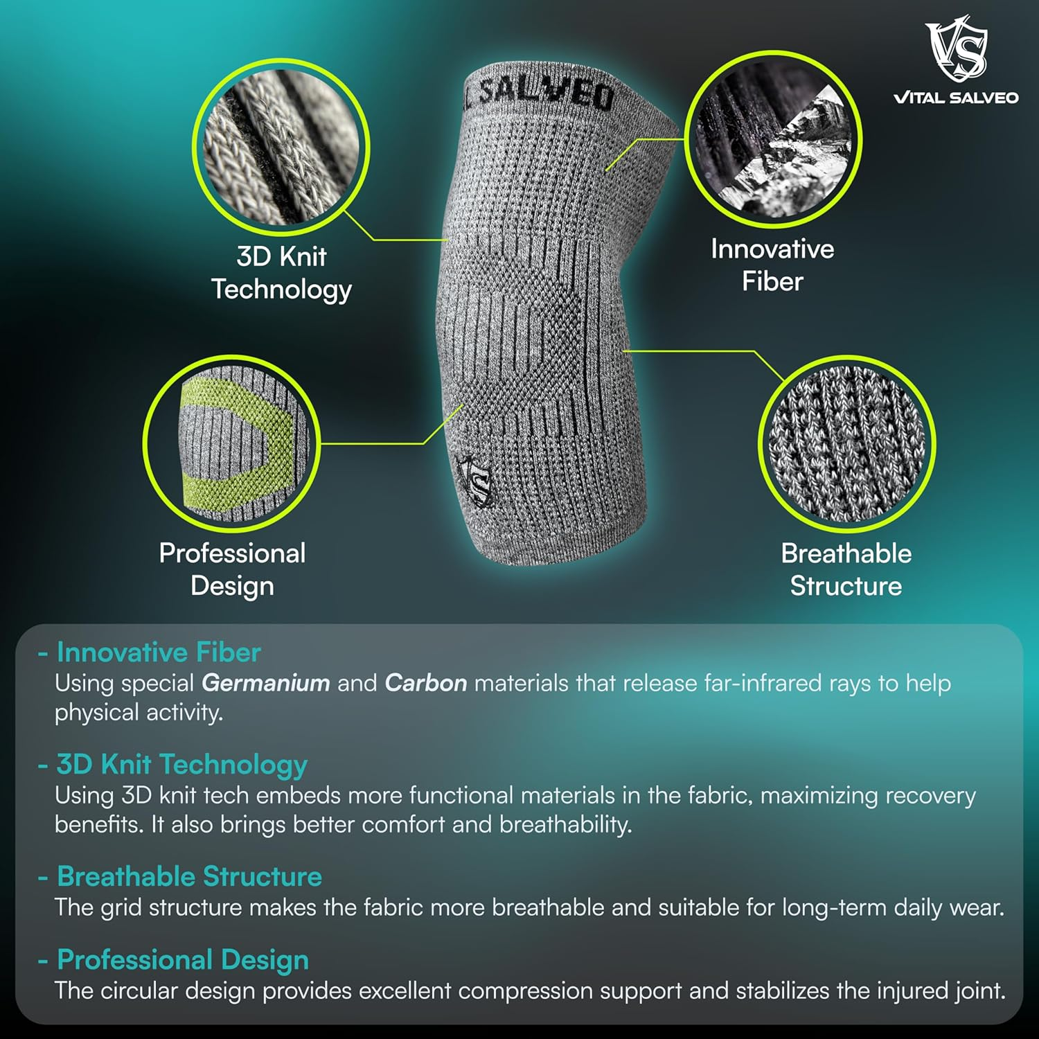 Vital Salveo- Medical Recovery Compression Support Elbow Sleeve/Brace,Germanium & Bamboo Charcoal ,Joint Pain Relief for Tendonitis, Golf, Tennis Elbow , Arthritis, Protection , Athletic, Workouts, Fitness (1 PC) (XXL) image number 1
