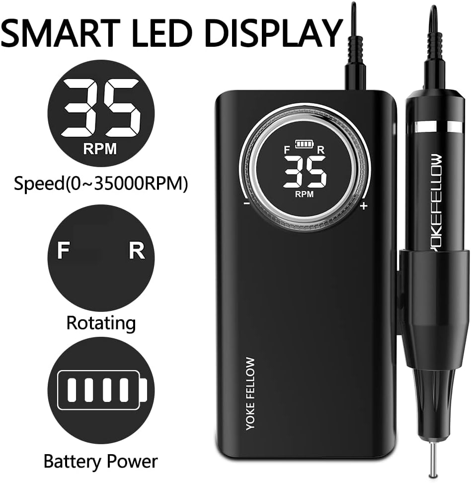 Yokefellow Professional 35000 RPM Nail Drill for Acrylic Nails with 6 Bits Rechargeable Portable Manicure Pedicure Nail Drill Machine as a Power Bank Black&Grey&Sliver (Black+Nb07) image number 3