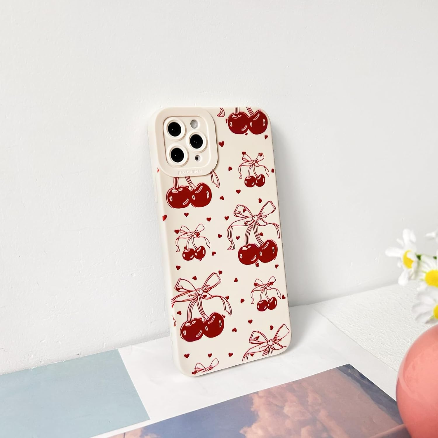 NITITOP Compatible with Iphone 11 Pro Case Cute Bow Bow Cherry Small Hearts for Women Girls Soft TPU Shockproof Protective Case White Mobile Phone Case - White image number 2