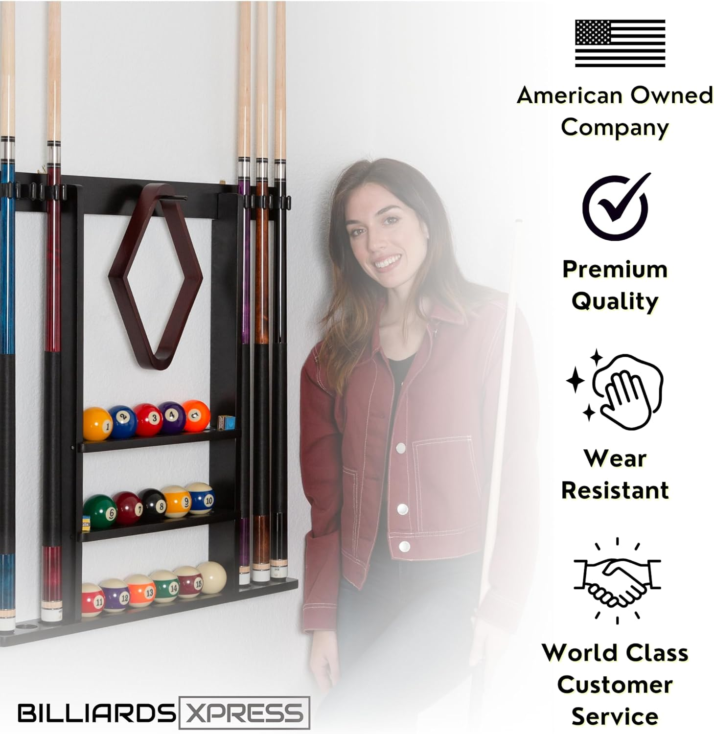 Pool Cue Rack - Pool Stick Holder Wall Mount with 16 Ball Holders & 6 Pack of Chalk - Rubber Circle Pads & Large Clips Prevent Damage - Compact Billiard Table Accessories for Man Cave image number 5