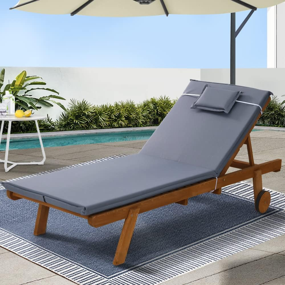Gardeon Wooden Sun Lounge Camping Chair, Adjustable Backrest Chaise Beach Chair with Wheels, Cushion and Pillow, Outdoor Furniture for Garden, Patio, Poolside and Backyard, Grey image number 4