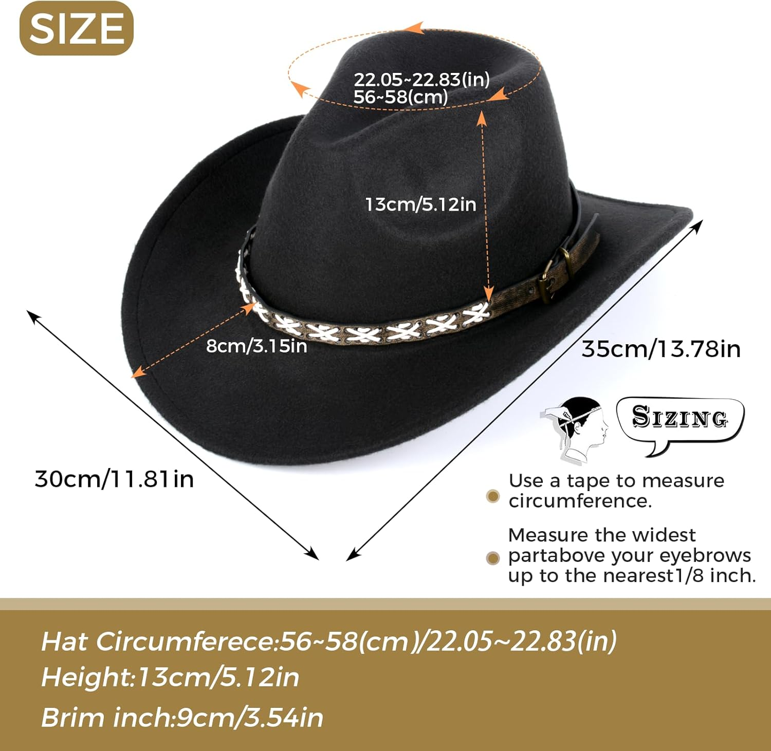 XURUIAU Men'S and Women'S Cowboy Hat Classic Felt Wide Edge Western Cowboy Hat Black