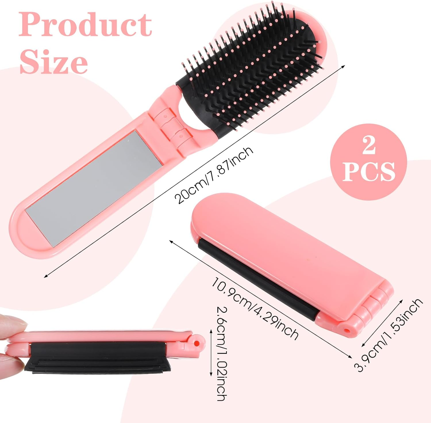 Classicseali Pack of 2 Foldable Hair Brush, Travel Brush, Foldable with Mirror, Folding Comb, Folding Brush, Mini Hair Brush for Men and Women, Portable Hair Styling Tools (Pink, Blue) image number 2