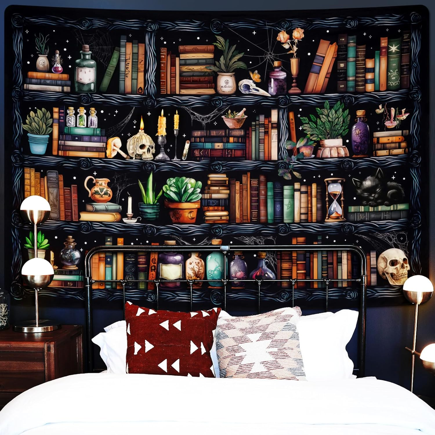 Uspring Magical Book Tapestry Goth Skull Black Cat Wall Tapestry Hanging for Bedroom Home Decor (70.9 X 92.5 Inches) image number 5