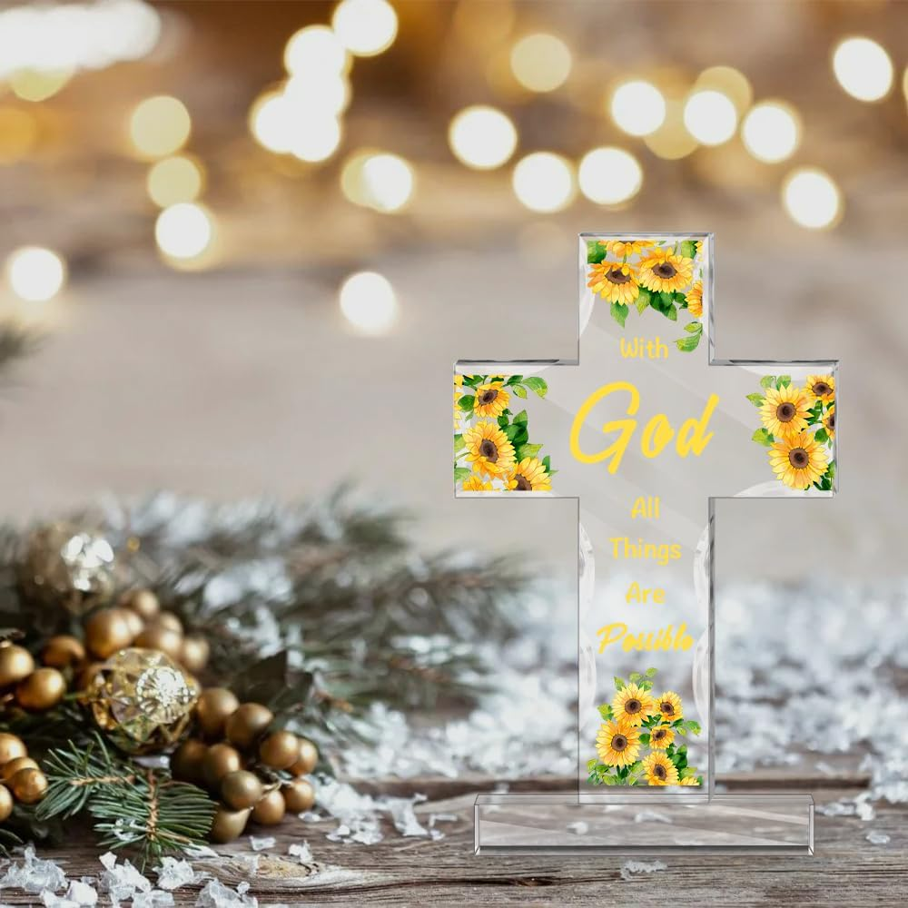 Christian Gifts for Women Acrylic Cross Decoration Sunflower Gifts for Women Christian Gifts for Men Inspirational Religious Gifts Baptism Gifts for Girls Religious Gifts with Bible Verse image number 5