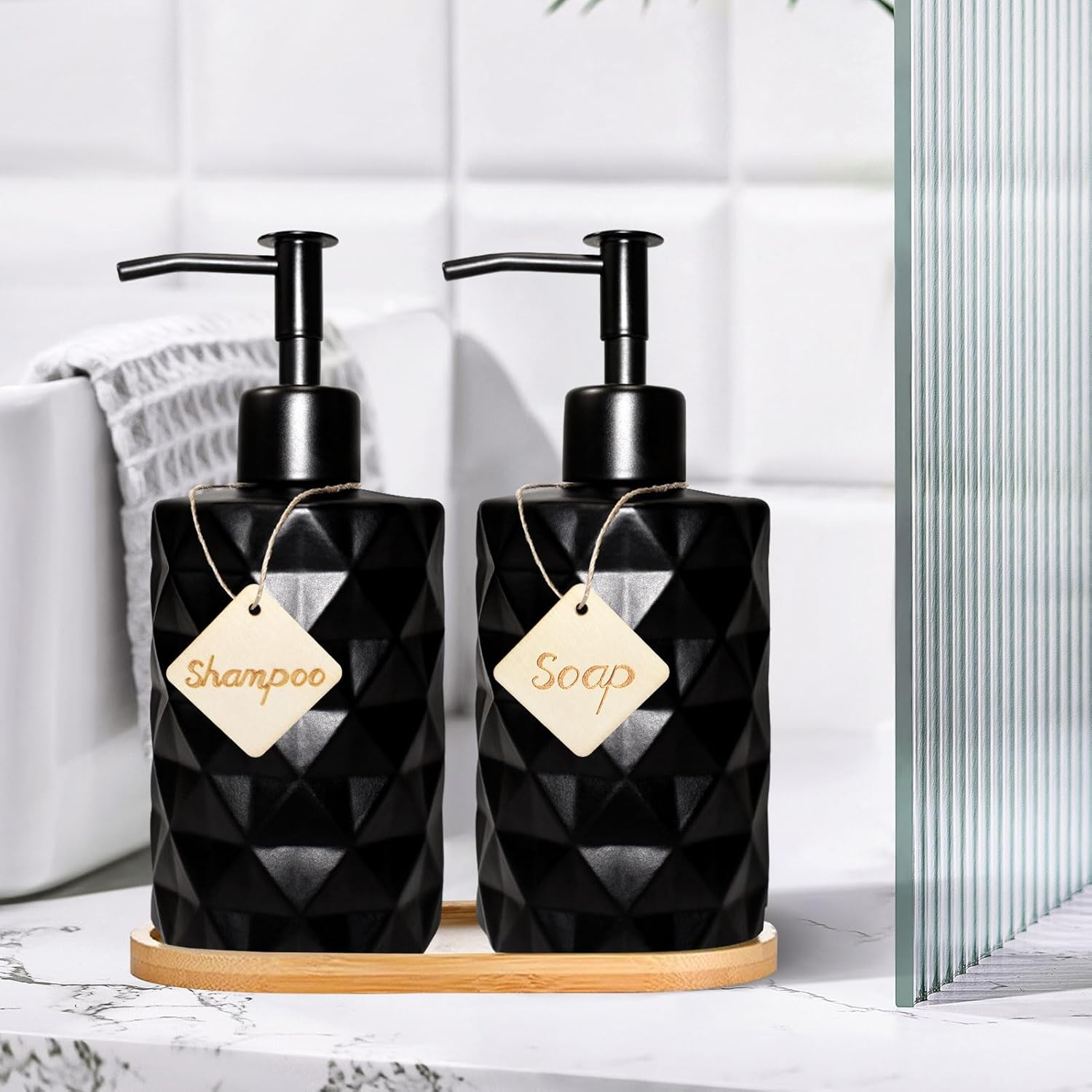 Set of 2 Glass Washing-Up Liquid Dispenser, Soap Dispenser Matte Black with Tray, Soap Dispenser Set, Hand Soap Dispenser, Shower Gel Dispenser for Kitchen, Bathroom, Shampoo, Lotion image number 4