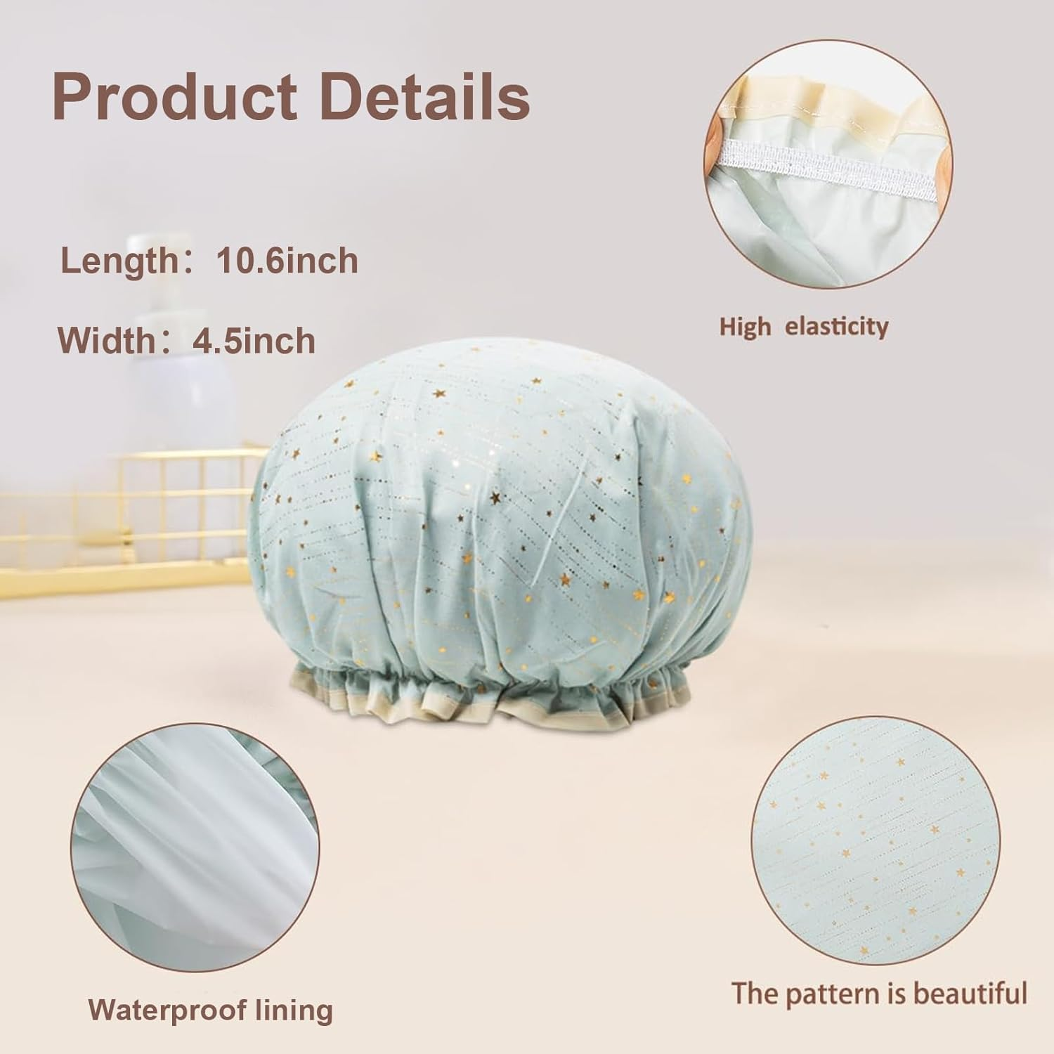 Shower Cap for Women,Elastic Double Layer Shower Caps,Reusable and Waterproof Bath Cap,Bath Hat for Women Long, Short and Curly Hairs image number 5
