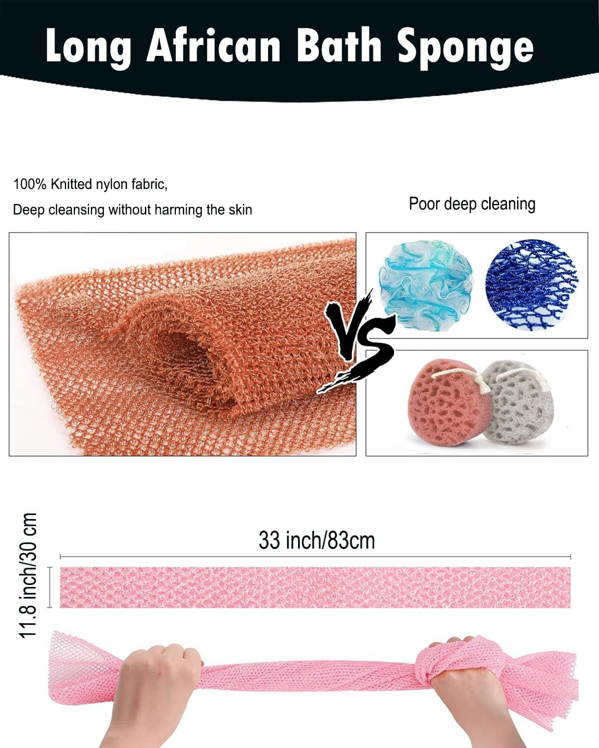 African Exfoliating Net Sponge, 33 Inch Long Bathing Sponge Shower Body Scrubber Net for Back Skin Smoother, Daily Use (Black/Blue/Brown/Yellow/Pink/Purple) - Black/Blue/Brown/Beige image number 4