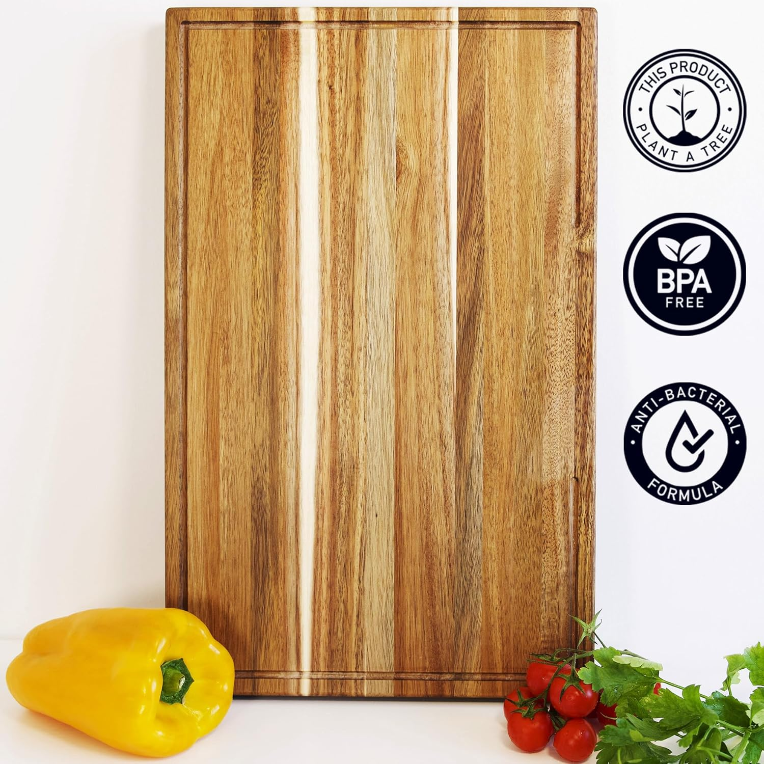 Acacia Wood Cutting Boards for Kitchen, Wooden Chopping Board for Meat, Cheese and Charcuterie Boards with Handles (Extrathick 1.6"). Premium Quality Butcher Block (Oil Bottle & Plate Included) image number 2