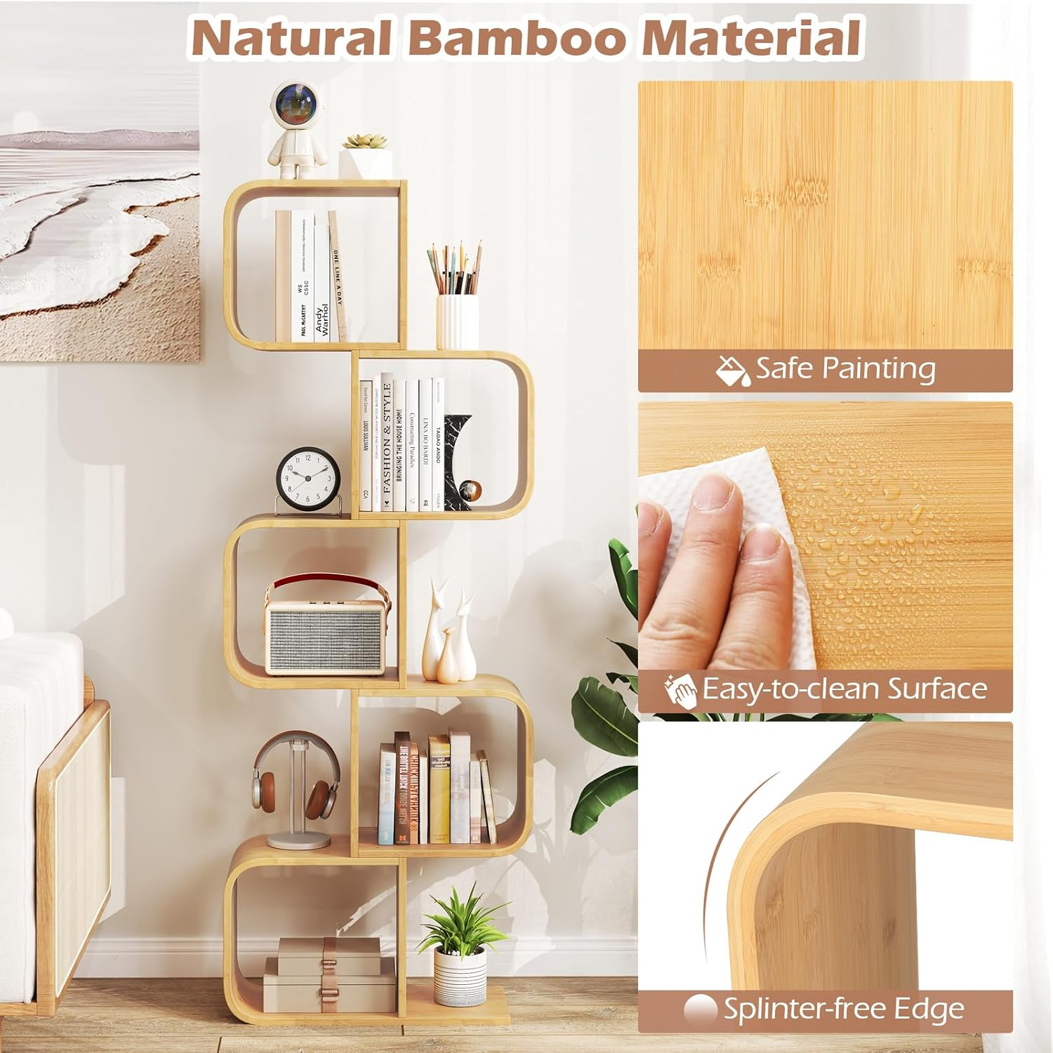 Giantex 5-Tier S-Shaped Bookcase, Bamboo Bookshelf with 5 Open Cubes, Geometric Corner Display Shelf, Decorative Storage Organizer, Floor Storage Rack for Living Room, Study, Home Office, Natural image number 3