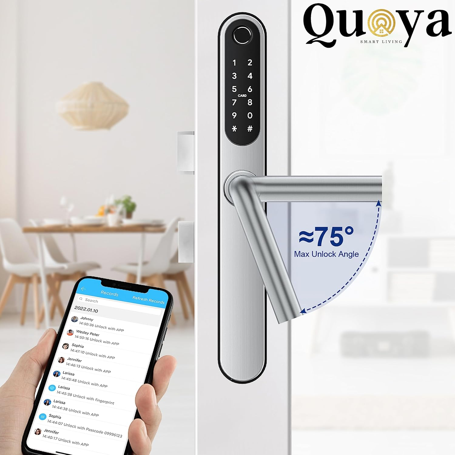 QUOYA D1 Smart Door Lock, 75&deg; Max Rotation Angle, IP55 Waterproof, Unlocking Method (Fingerprint, RFID Key Card, Pin/Passcode, App, Mechanical Key) (Silver) - Black image number 4