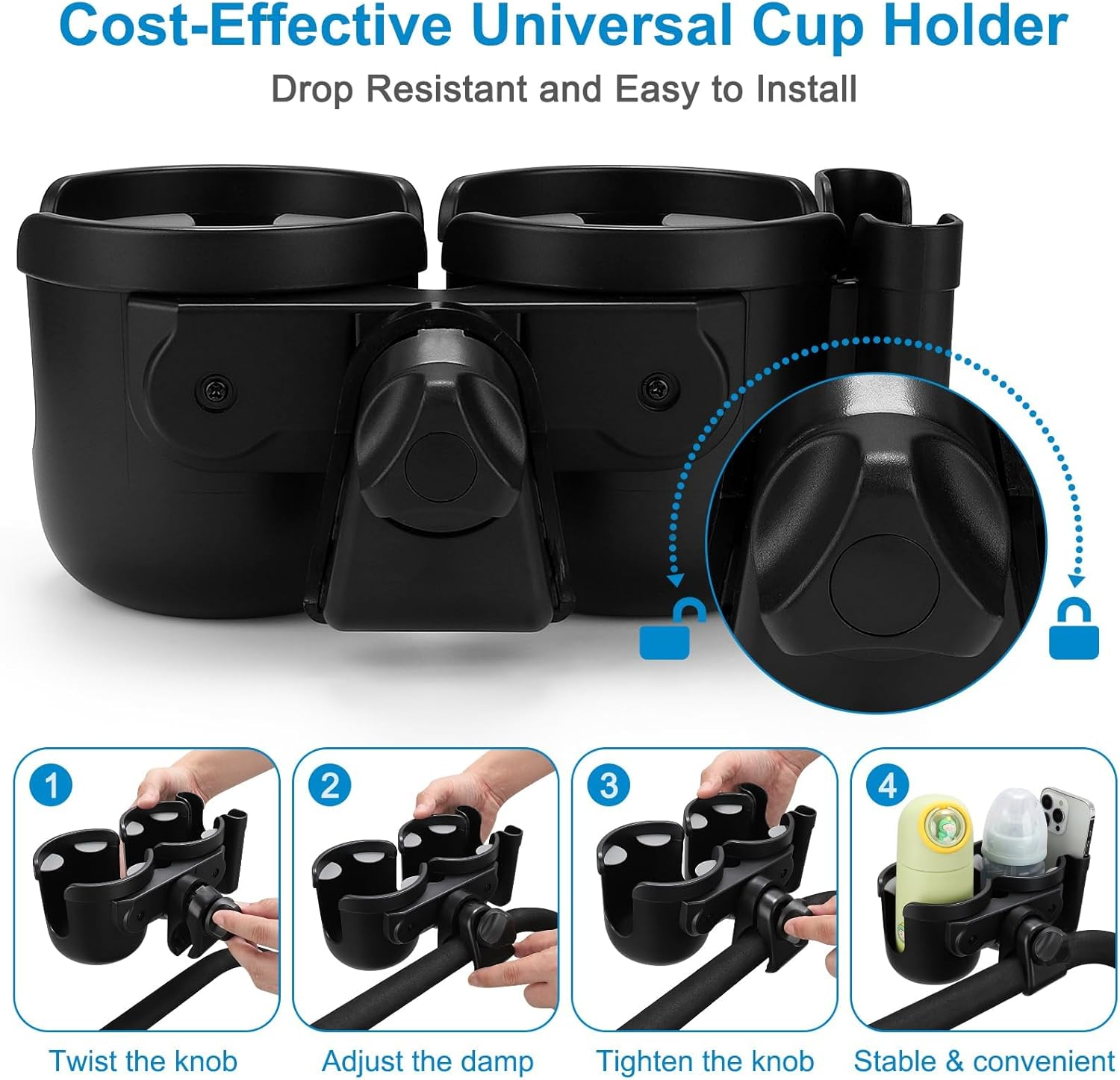 Qunlions Life Stroller Cup Holder with Phone Holder, Bike, Universal Cup Holder for Uppababy Nuna Doona Strollers, 2-In-1 Cup Phone Holder for Stroller, Bike, Wheelchair, Walker (Double Holder-Black) - All Black image number 3