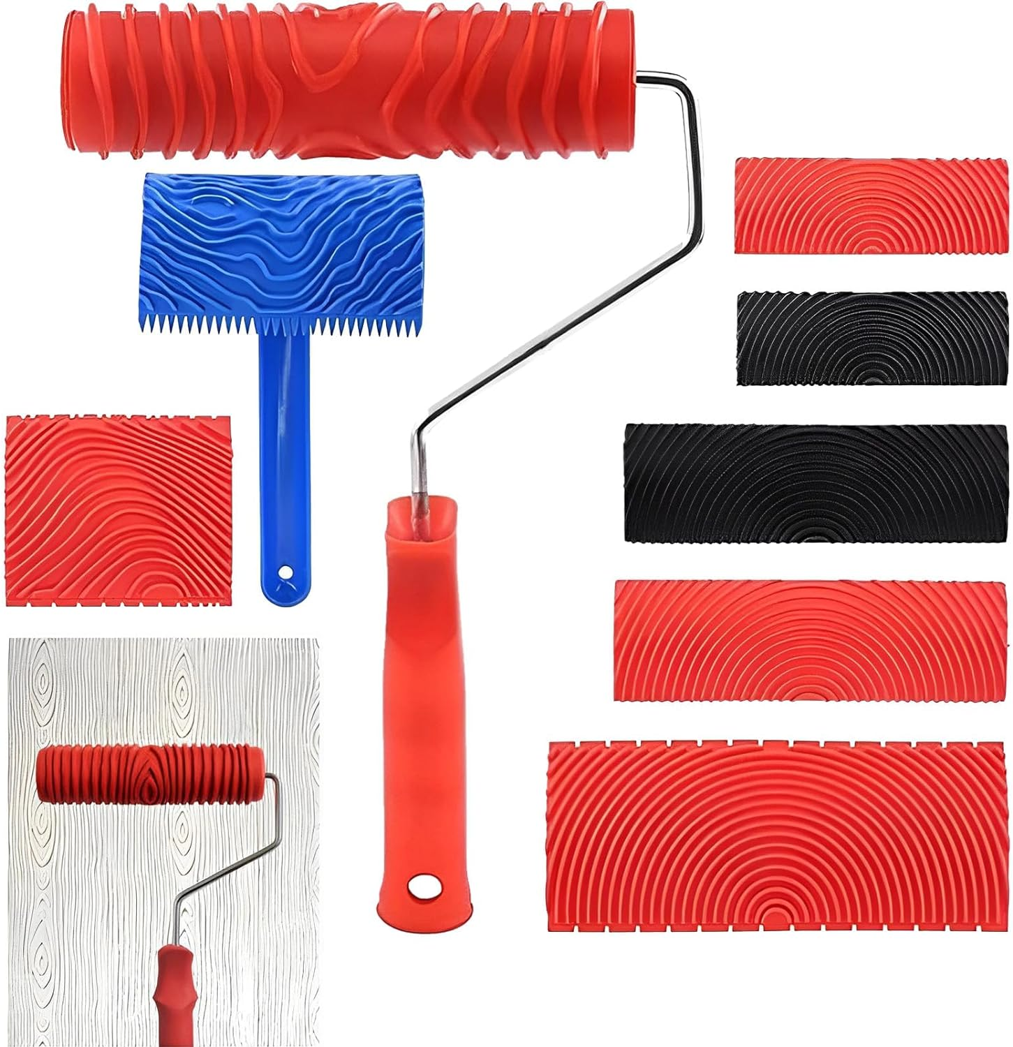QYINXIU Wood Grain Rollers Tool Set, 8 Pcs Wood Grain Roller Painting Tool with Handle DIY Rubber Graining Tool Paint Look like Wood Graining Tool Combo for Wall, Floor, Furniture Decor