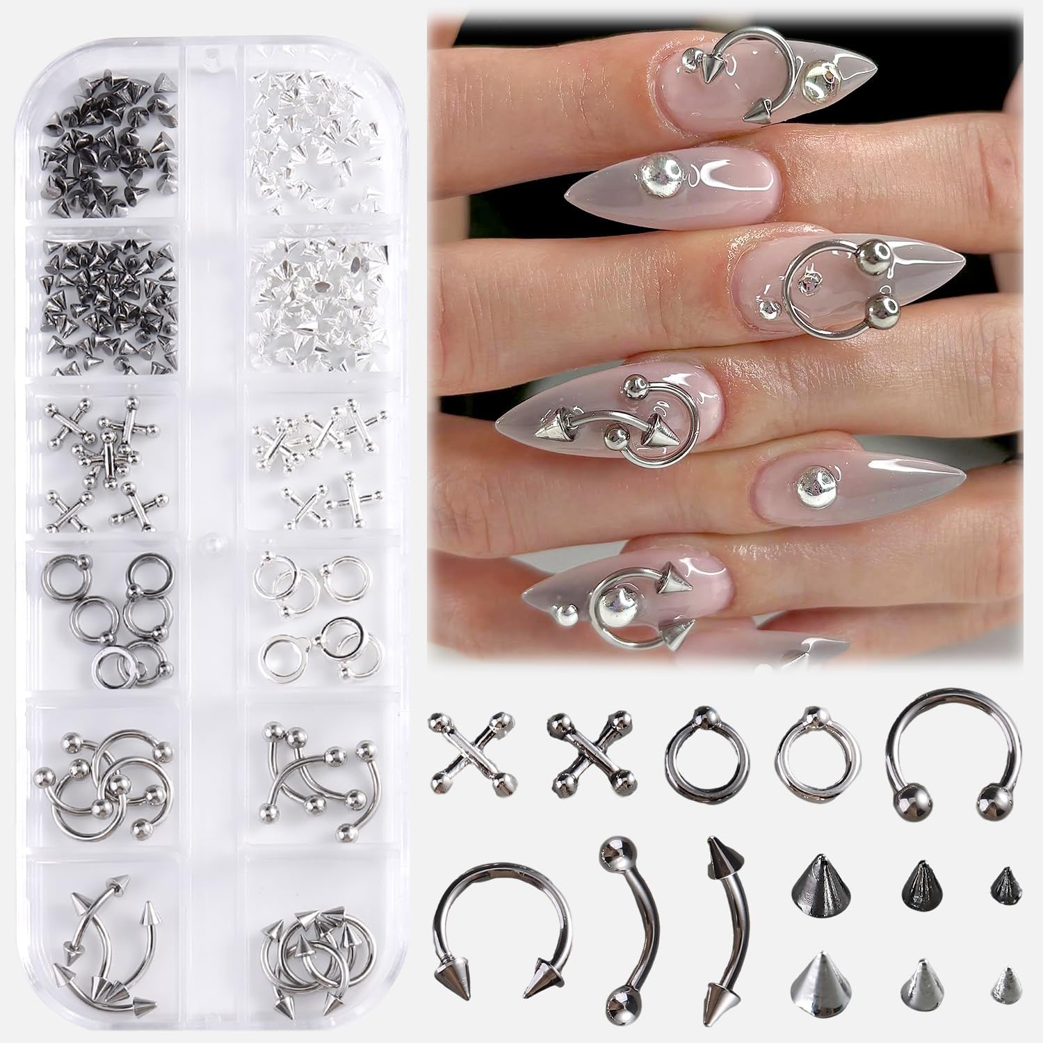 Fspronail Nail Piercing Charms, Black Silver Charms for Nails Metal Punk Goth Charm Cross Stud Rivet Spike Ring Piercing Jewelry Manicure Supplies Y2K Decoration DIY Craft (Silver Black 2)