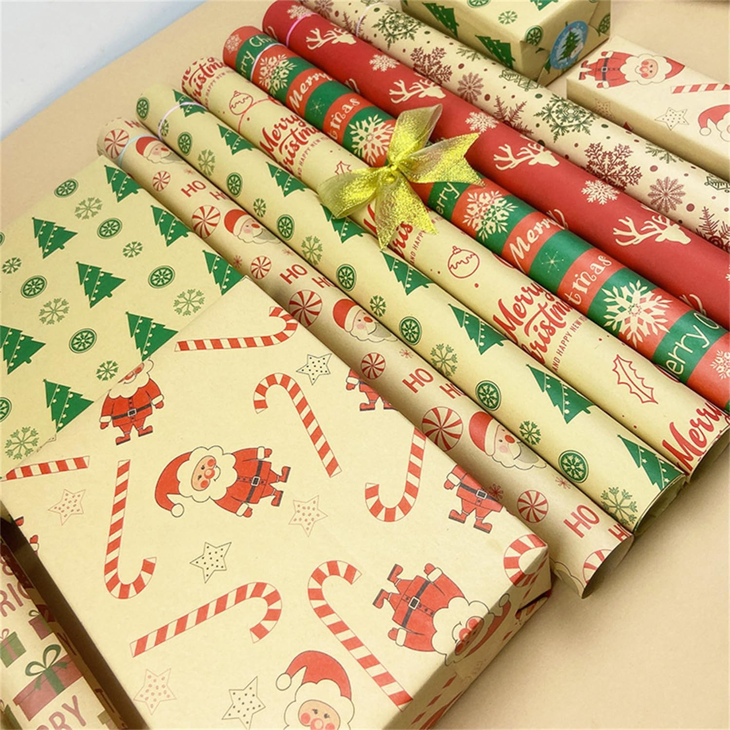 Eco-Friendly Renewable Wrapping Paper, 12Pcs+8M Tape+4Roll Ribbons - Cute Vintage Package for Christmas, Bridal & Baby Showers, Birthdays, Friendsmas
