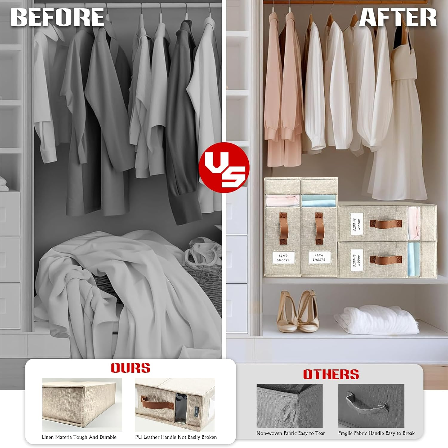 Bed Sheet Organisers and Storage, 2 Pack Sheet Organizer for Linen Closet, Foldable Bedding Sheets Set Organizer (Queen & King Size) with Window for Bedsheets,Duvet Covers and Pillow image number 5