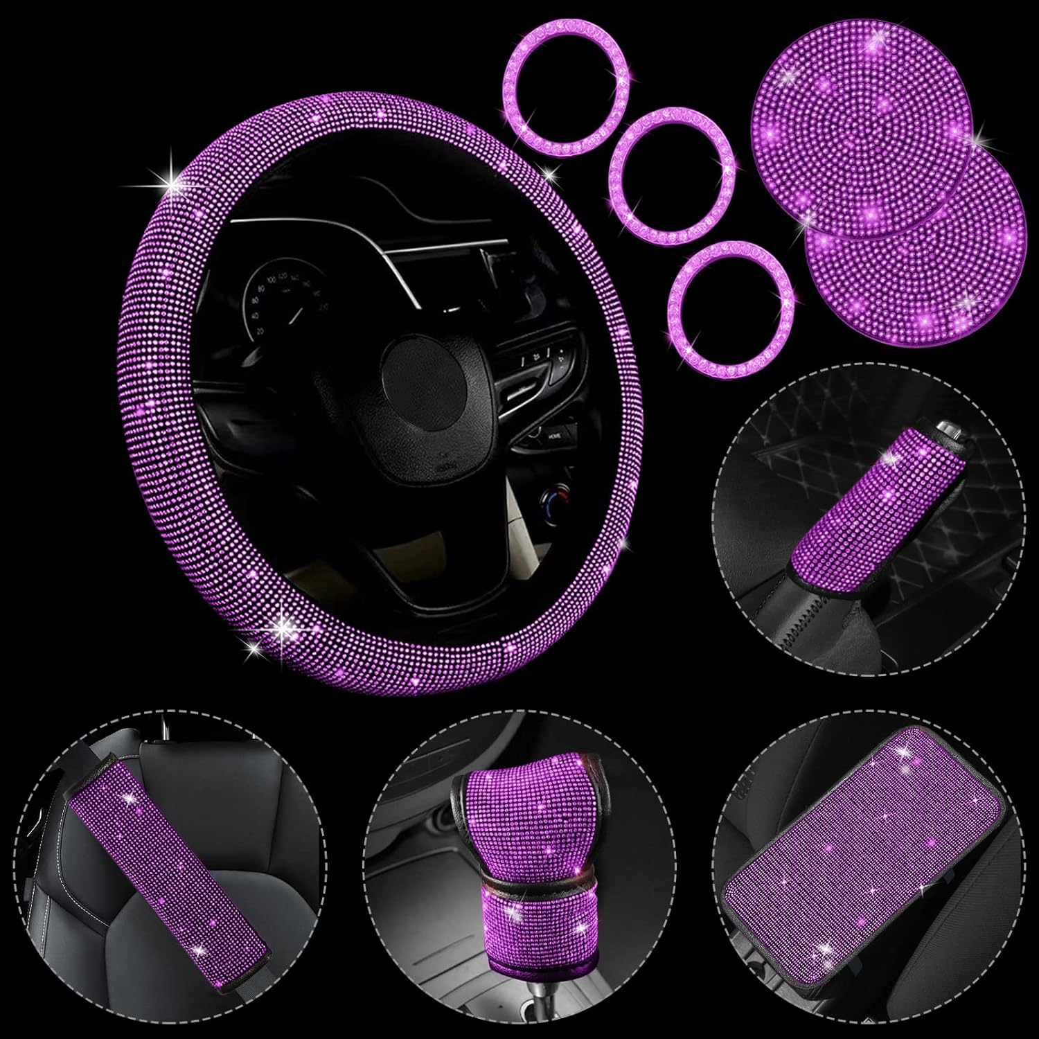 11 Pcs Bling Car Accessories Set,Bling Car Accessories Set for Women, Bling Steering Wheel Cover for Women Universal Fit 15 Inch, Rhinestone Center Console Cover(Ch Amp Ag Ne) - Black image number 5