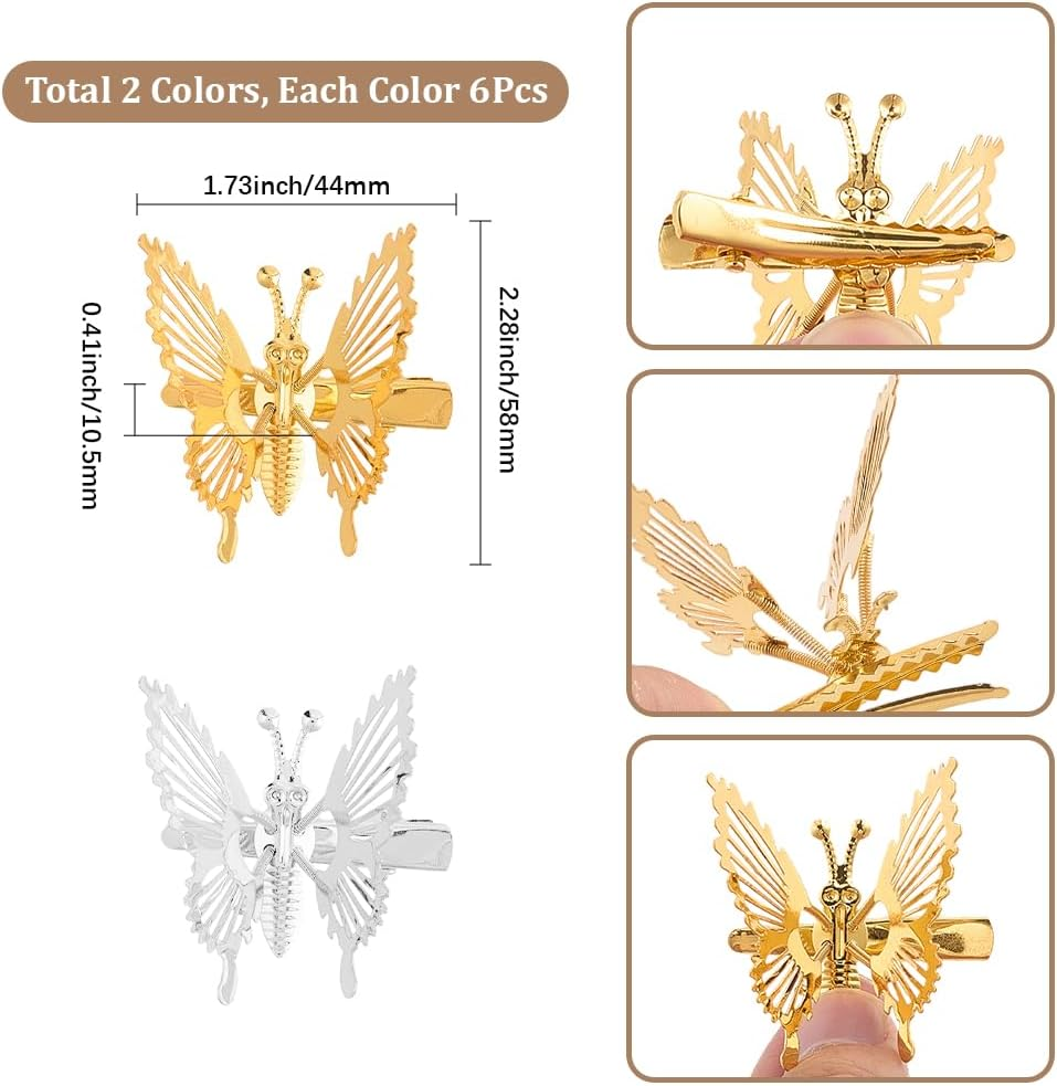 SOFPLATE Pack of 12 Retro 90S Butterfly Hair Clips Moveable Butterfly Hair Clips Made of Metal Crocodile Clips Gold/Silver Vintage Hair Accessories for Women Prom Wedding Everyday Dress image number 3