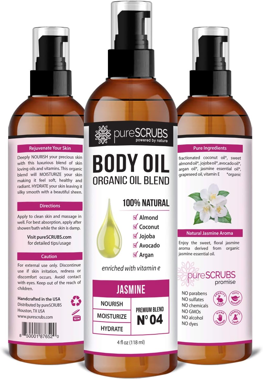 Purescrubs Ultra Moisturizing Jasmine Body Oil Spray for Dry Skin, Massage, Cuticles & More - Organic Super Blend of Jojoba, Argan, Coconut, Sweet Almond & Avocado Enriched with Vitamin E, Lg 4Oz image number 2
