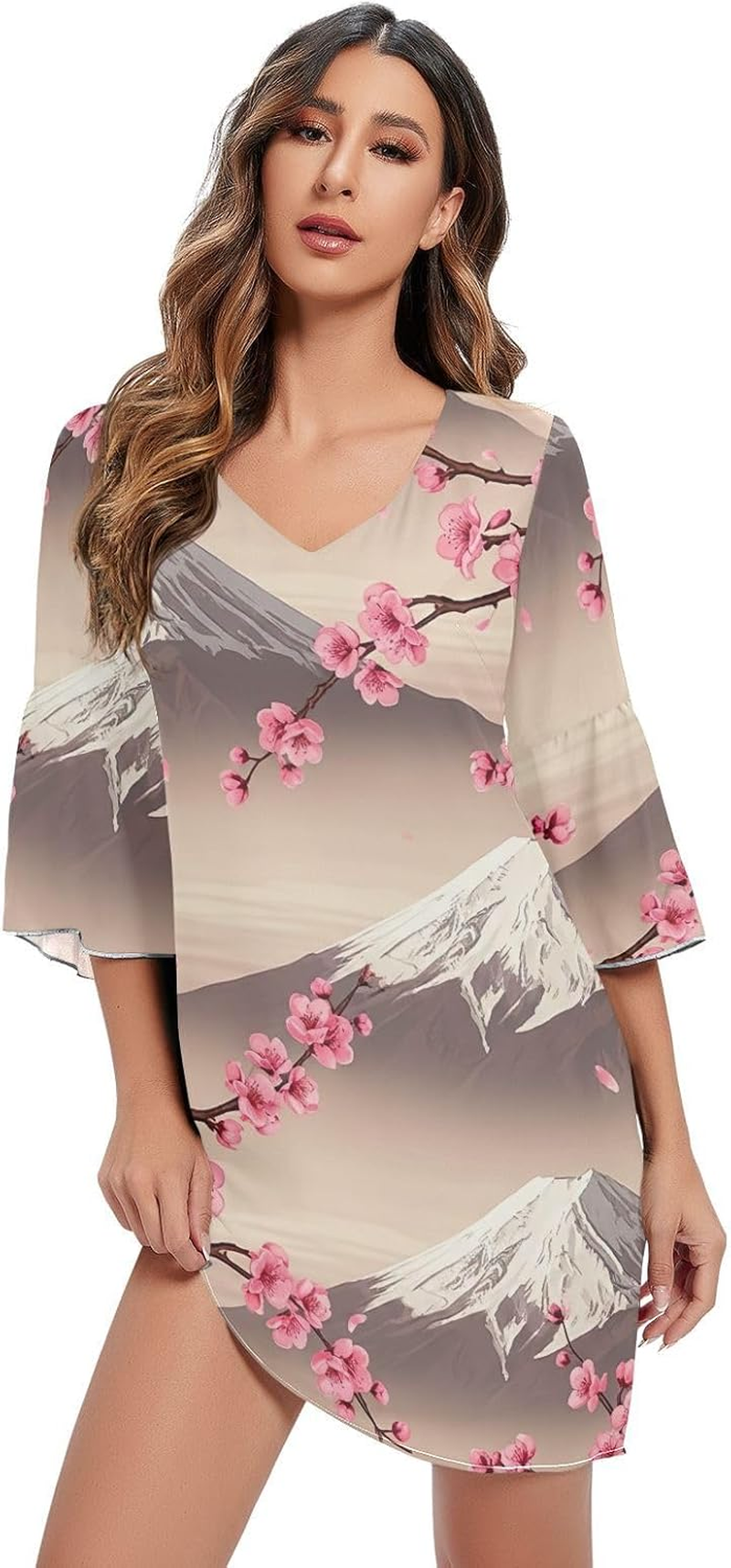 Japanese Pink Cherry Blossom Elegant V Neck Dress Printed Line Maternity Dress image number 3
