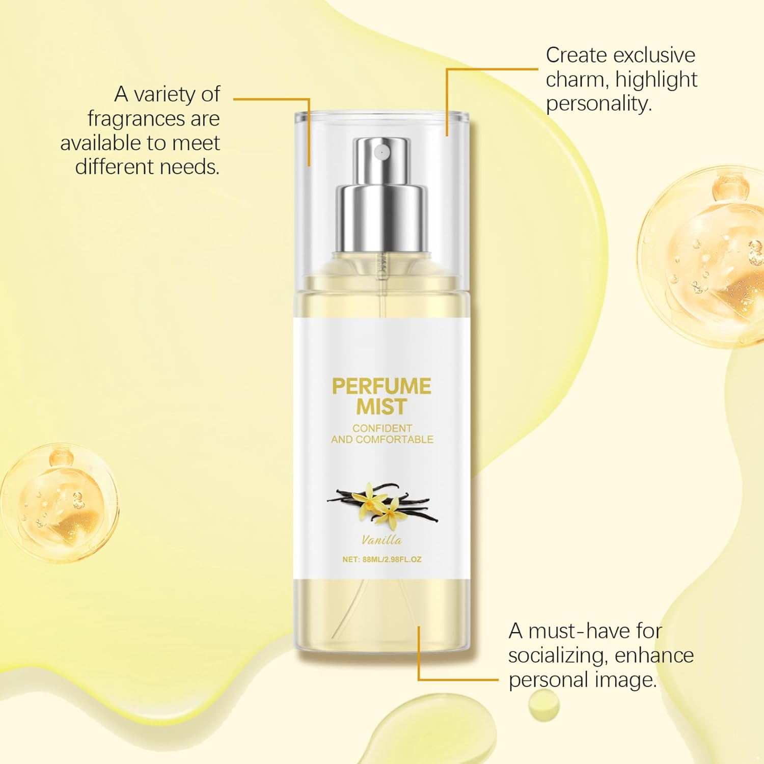 Jugaoge Long Lasting Vanilla Perfume Spray Unisex 88Ml for Women Men Sweet Comfortable Scent 24 Hours Lightweight Daily Fragrance Yellow One Size image number 5