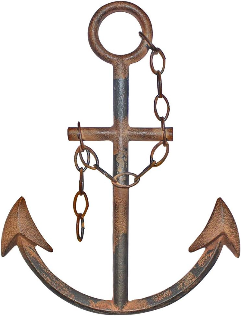 Large 16" Cast Iron Metal Anchor Wall Decor with Chain | Nautical Boat Anchor Farmhouse Home Beach Tropical Aquatic Ocean Lake House Decor (Rustic)