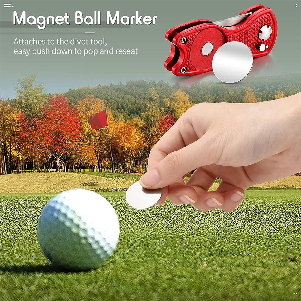 Metal Foldable Golf Divot Repair Tool with Pop-Up Button & Magnetic Ball Marker Red image number 3