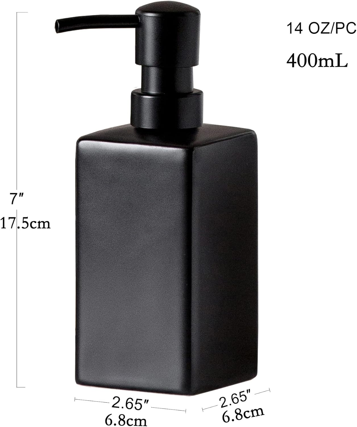 Matte Black Soap Dispenser Ceramic,Square Hand Soap and Lotion Dispenser for Bathroom Countertop,Dish Soap Dispenser for Kitchen-400Ml.