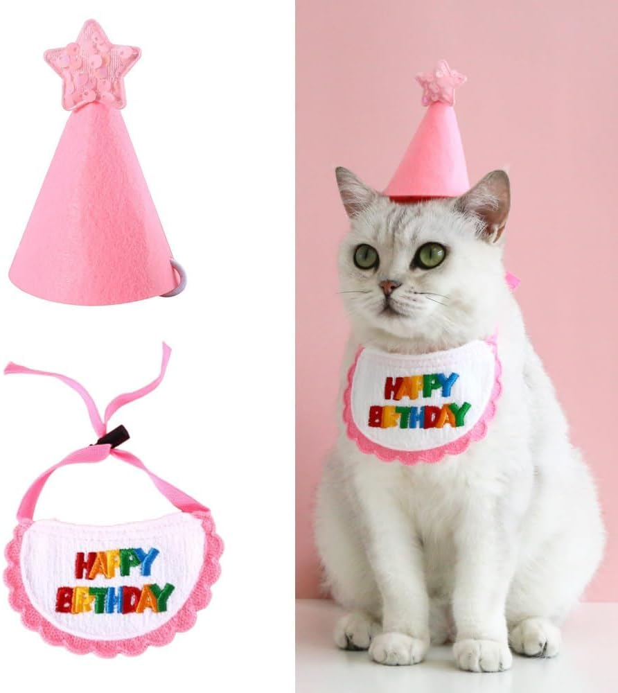 Dog Birthday Hat Cat Pet Supplies Scarf Set for Small Dogs and Cats, Cat Birthday Bandana Cute Dog Hat Pets Party Supplies Decorations Outfit for Cat and Dog (Pink A)