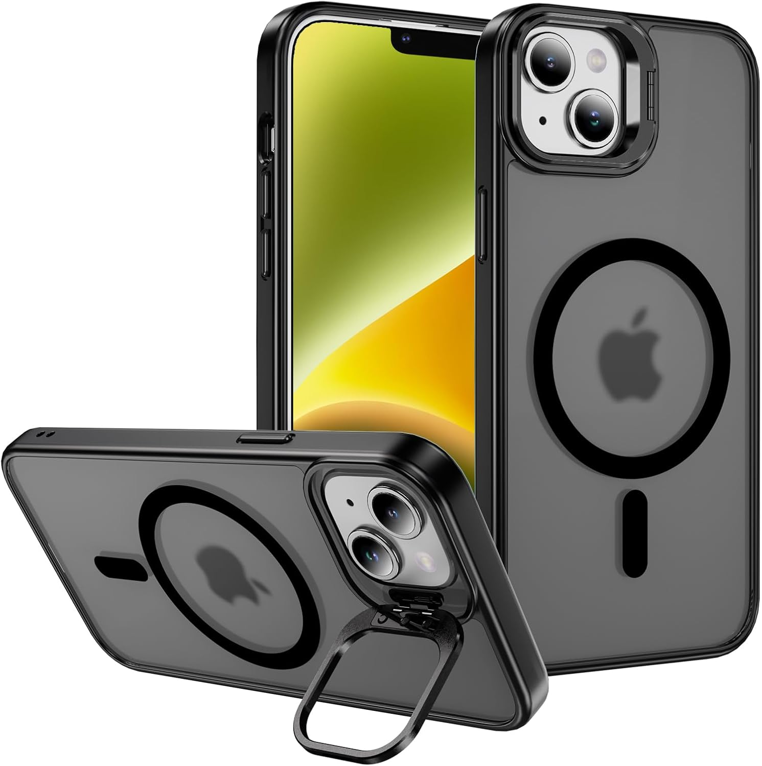 For Iphone 13 Case with Metal Camera Stand [Compatible with Magsafe] Shockproof Cover Translucent Magnetic Case for Iphone 13 (Black) image number 4
