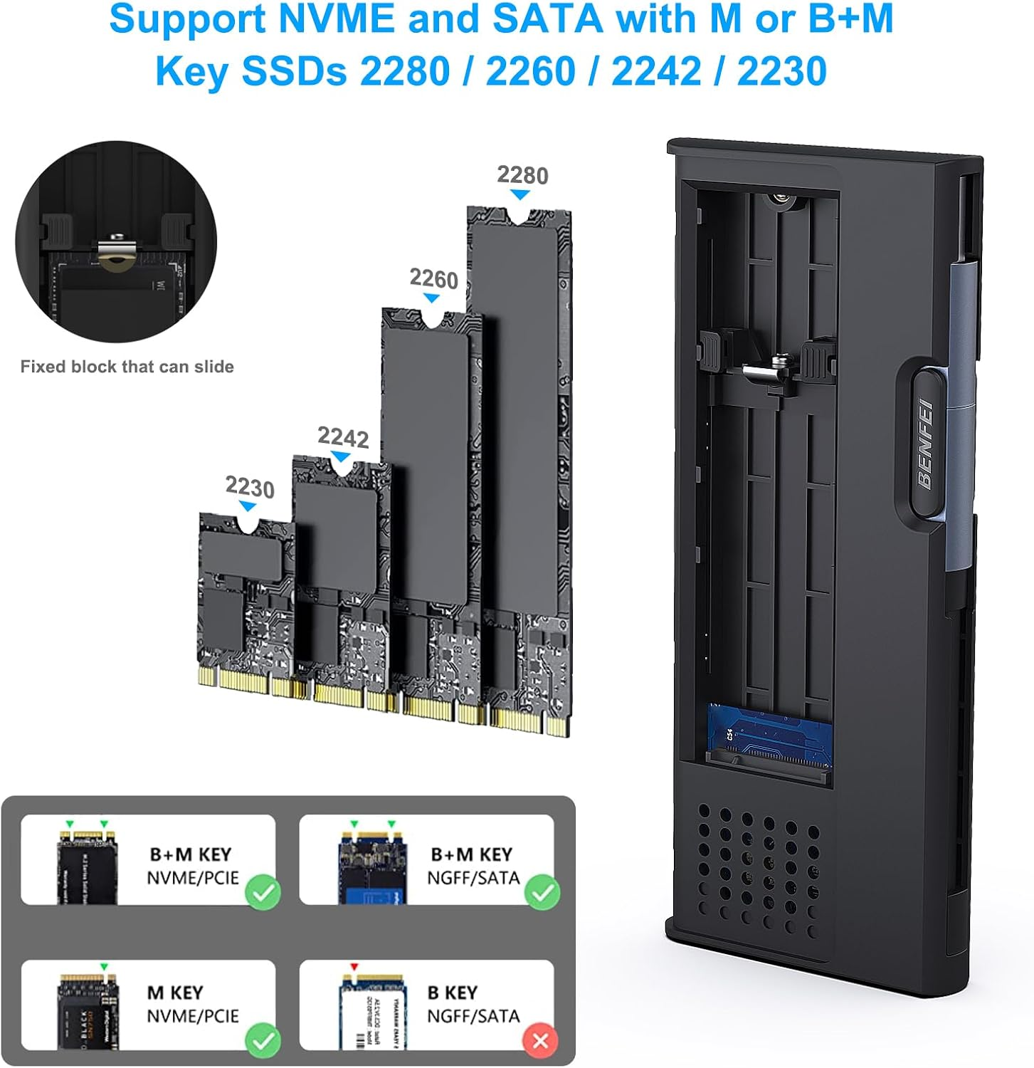 BENFEI M.2 NVME/SATA SSD Enclosure, 10 Gbps USB Type-C/Type-A to PCI-E M-Key/(B+M) Key Solid State Drive Enclosure, Support UASP Trim for 2242/2260/2280 Ssds image number 4