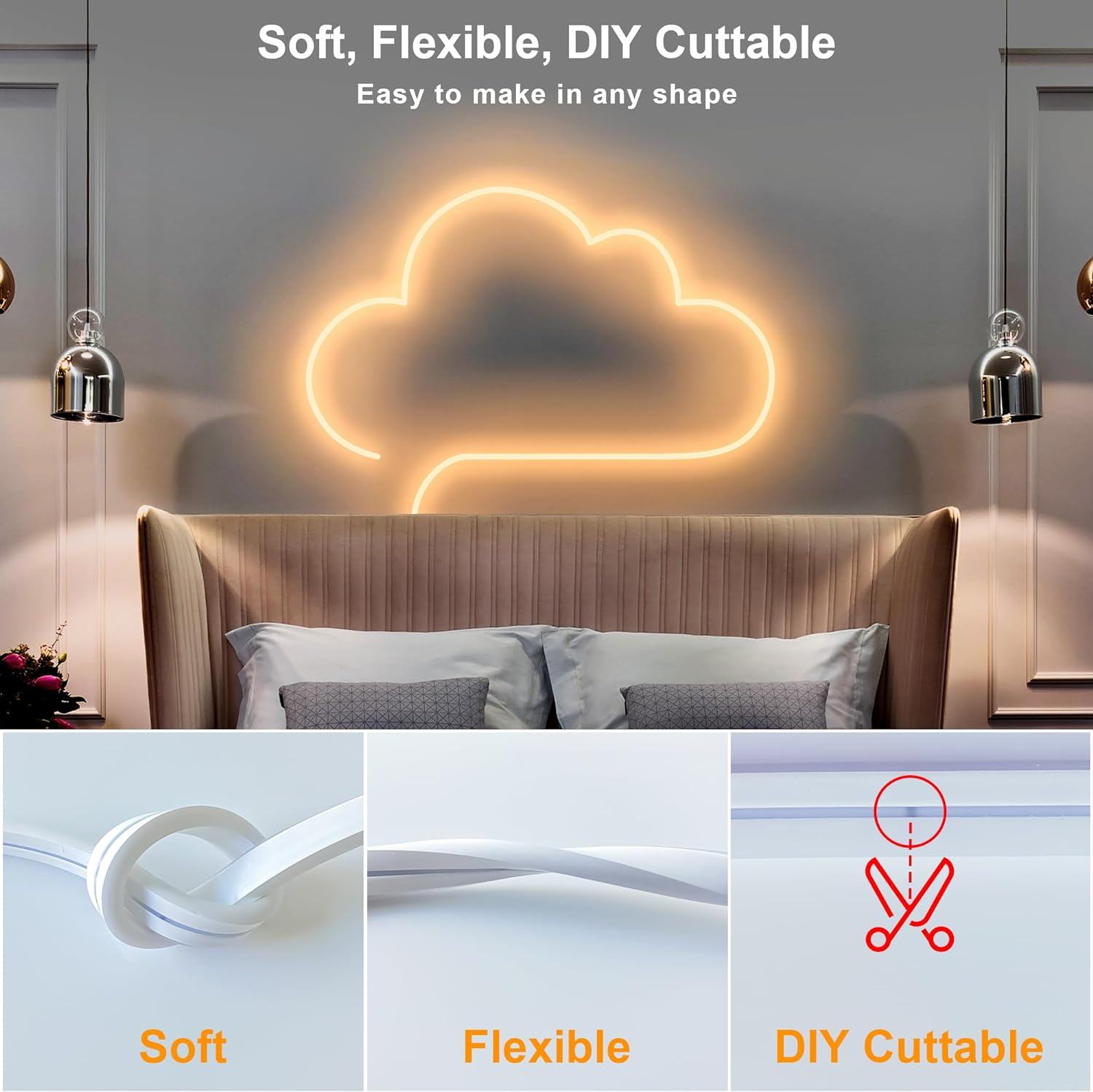 16.4Ft Neon LED Strip Light, Cozylady Warm White Waterproof Rope Light with Power Supply and Dimmer Controller, 5M Flexible DIY Silicone 24V LED Neon Rope Light for Kitchen Indoor Outdoor Decor image number 2